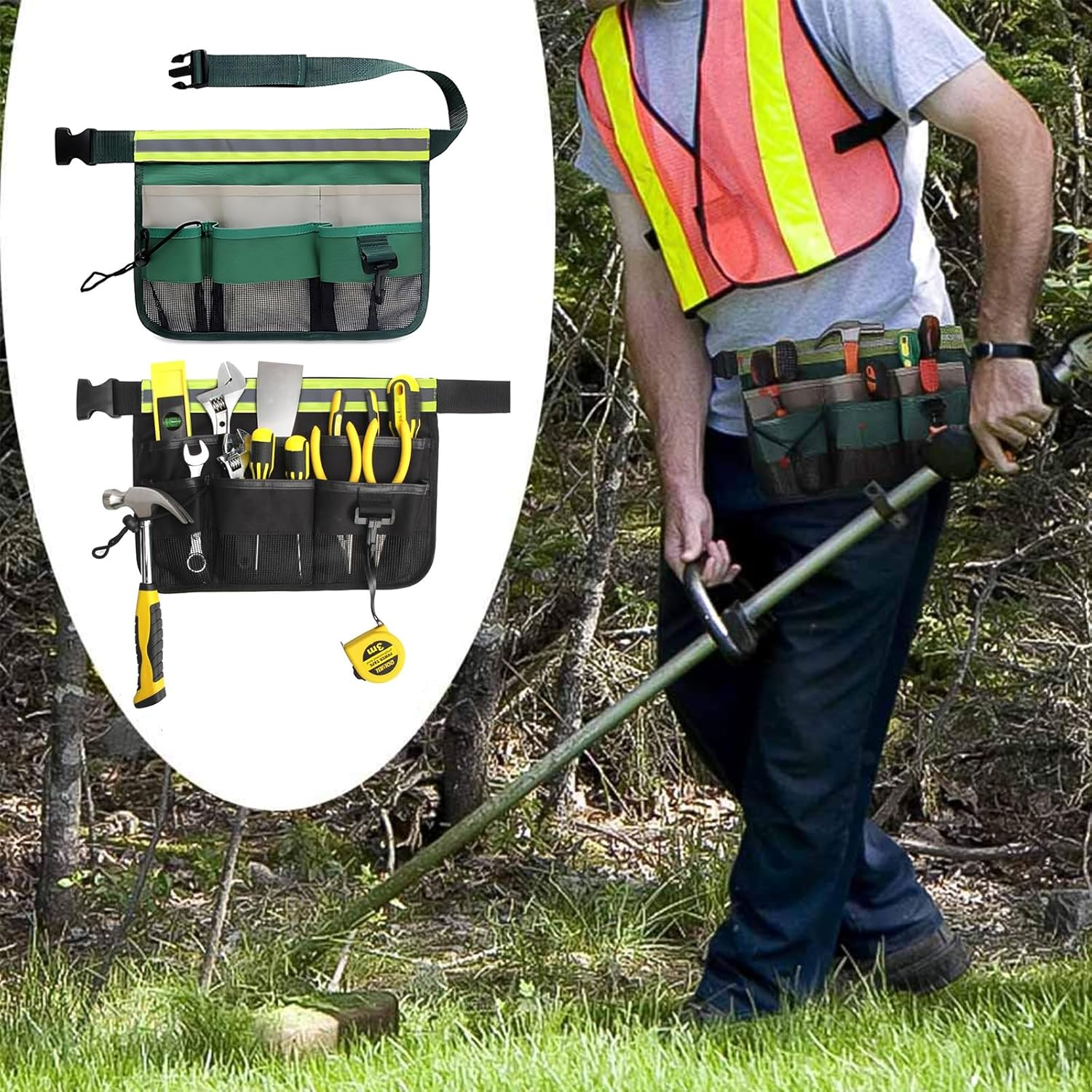 Zalizr 2 Pack Garden Tool Belt Kit, Adjustable Waist Gardening Tool Waist Bag, Heavy Duty 600D Oxford Cloth Home Organizer Tote, 7 Compartments, Tool Apron for Lawn and Yard Storage (Green, Black) image number 5