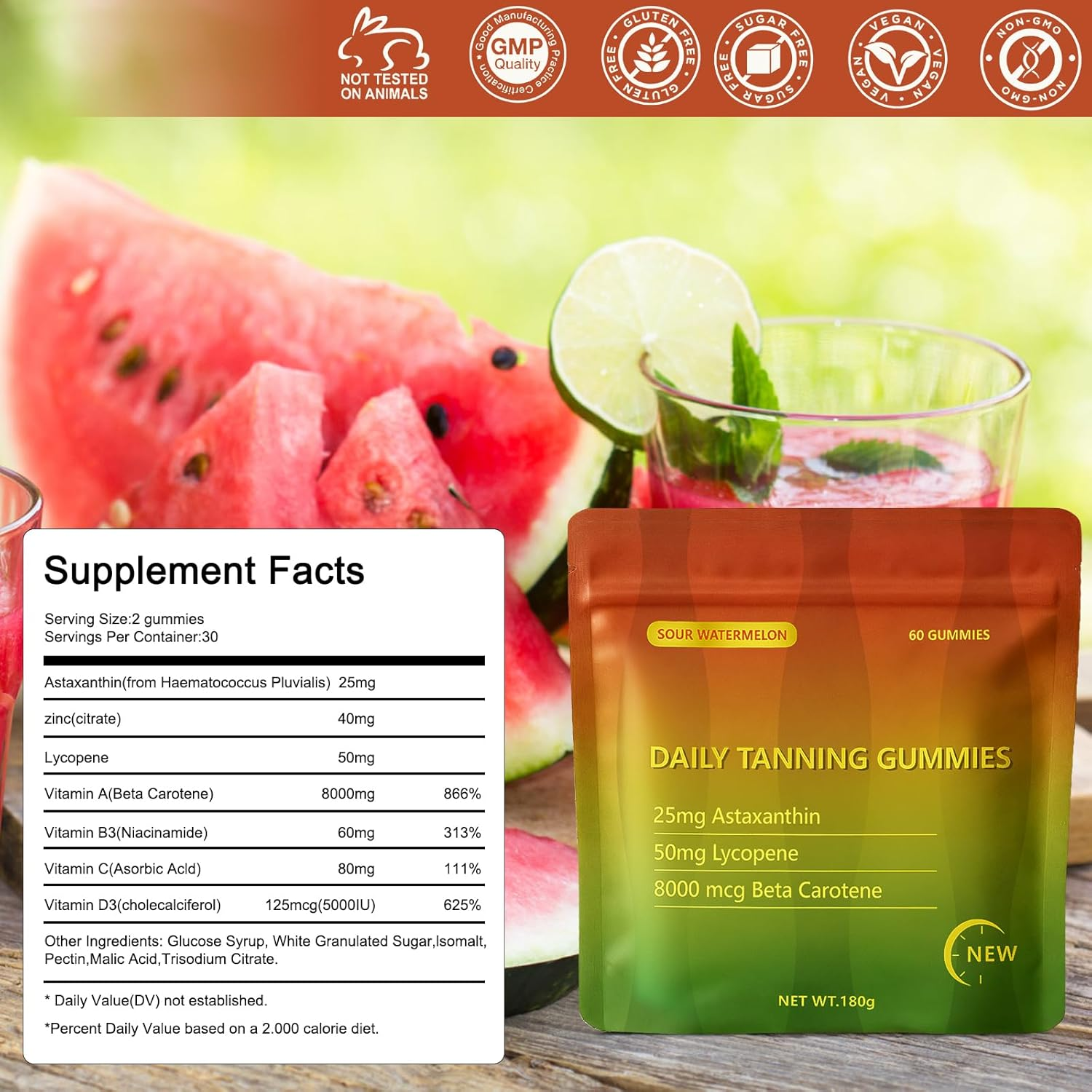 Tanning Gummies, Daily Tanning Gummies with Astaxanthin 24Mg, Lycopene 50Mg & Beta Carotene 8000Mcg for Skin Health & Glow, Vegan, Non-Gmo, Watermelon Flavor, 60 Count image number 2