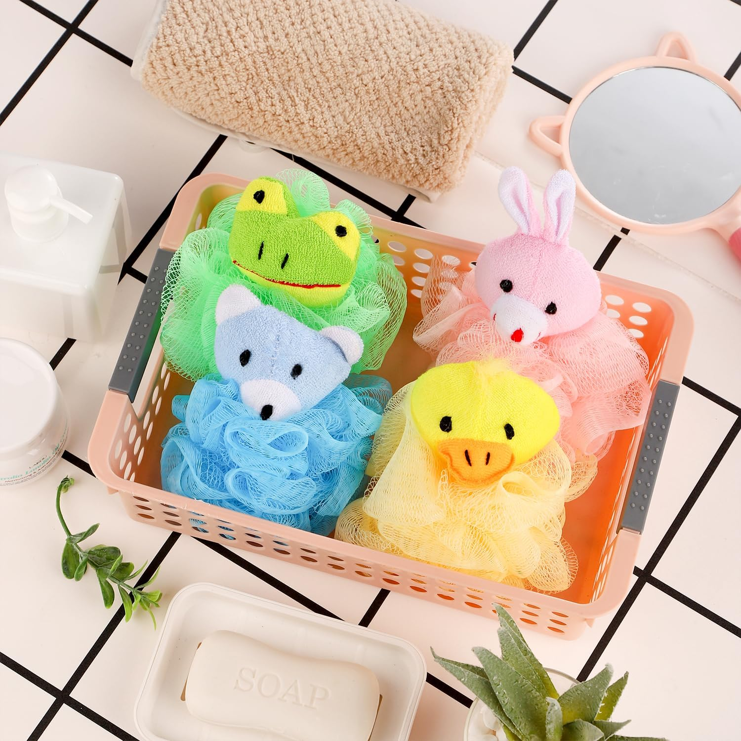RAMFIYN 4 Pack Fun Bubble Bath Kid Adult Loofahs, Cute Animal Loofah Bath Sponge, Shower Puffs Body Scrubber, Cute Animal Sponges image number 2