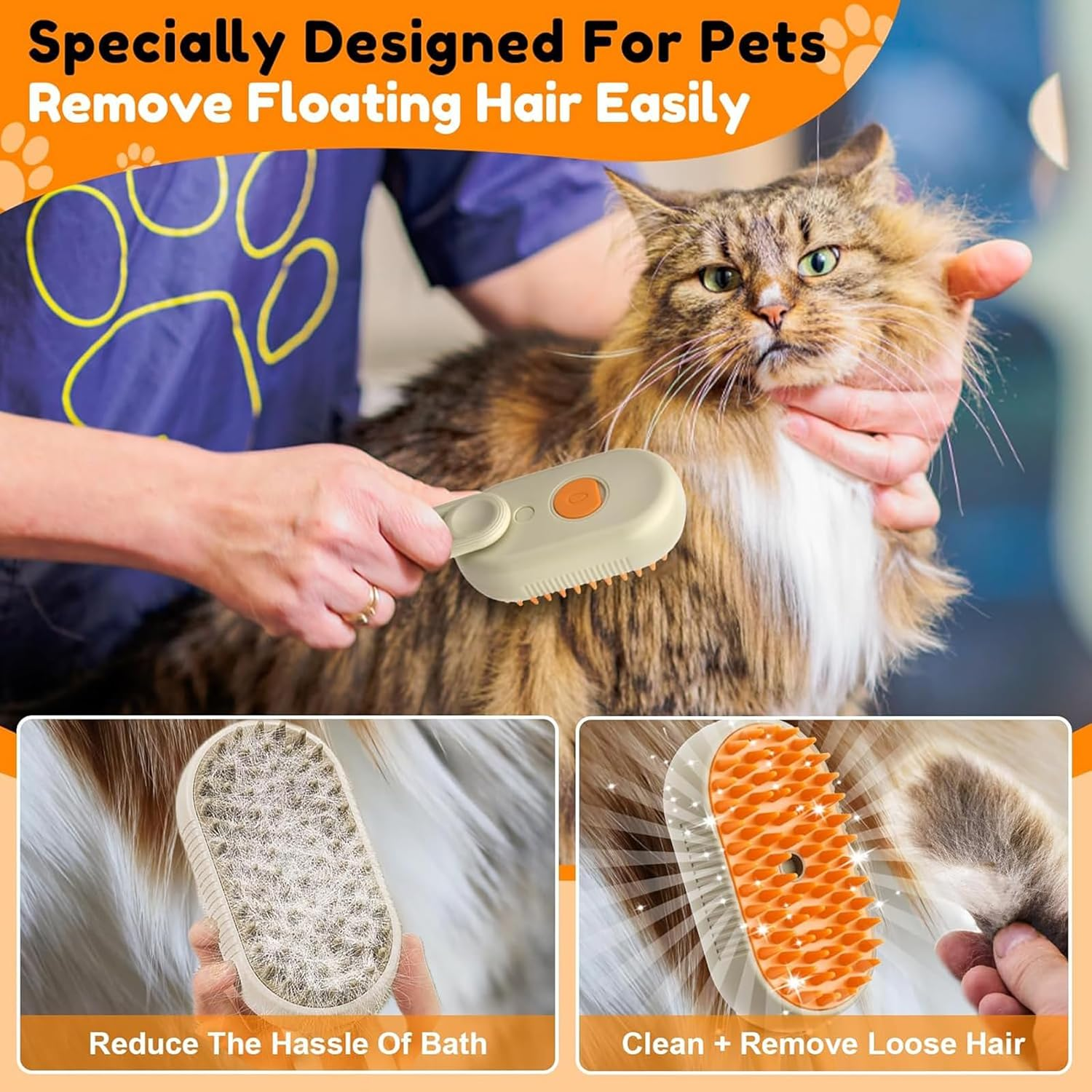 Steam Cat Brush, Pet Hair Removal Comb with Water Tank, 3-In-1 Steam Brush for Cats, Cat Care Brush, Pet Hair Removal Comb for Cats and Dogs (Khaki Colour) image number 3