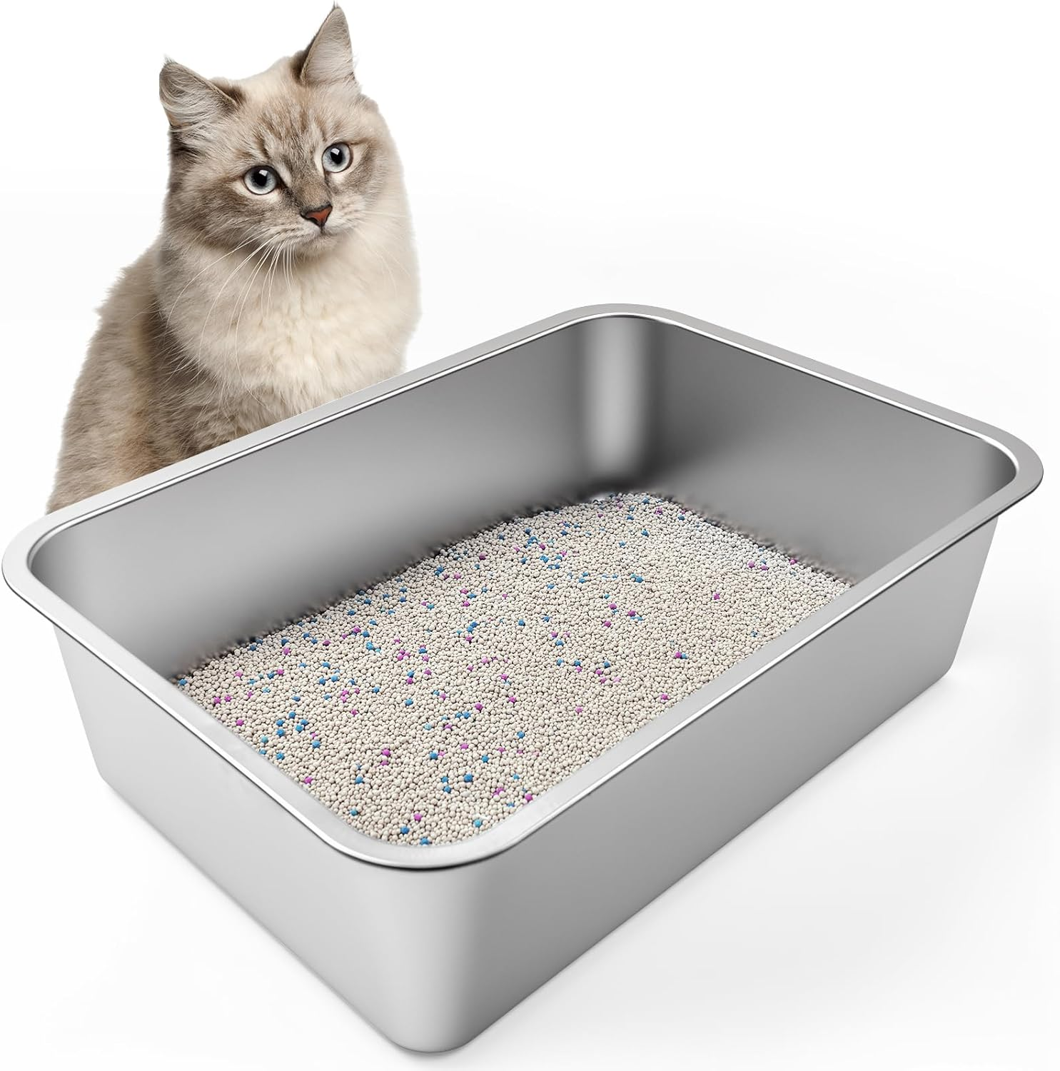 Stainless Steel Litter Box,19.5" L X 13.6" W X 6" H，High Sided Large Metal Cat Litter Boxes Easy Clean, Non Stick No Smell Cat Litter Box for Adult Cats/Kitty/Kitten image number 1
