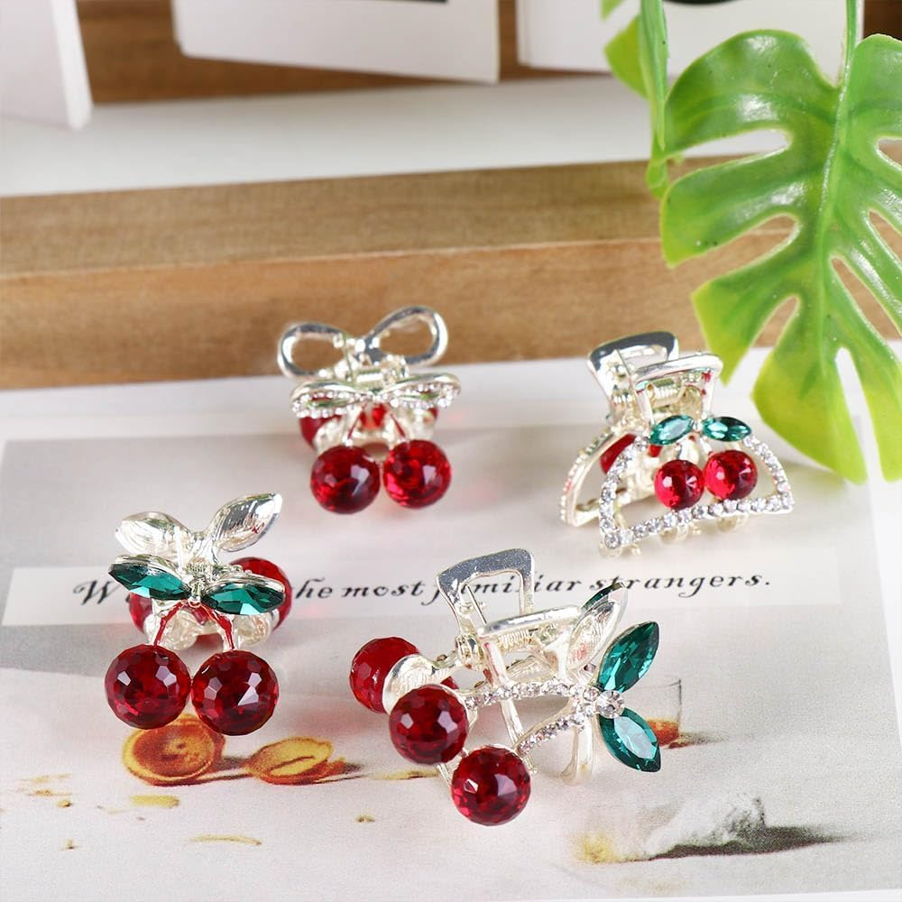 Compact and Cute Clip Cherry Small Hair Claw, 4PCS Mini Crystal Cherry Hair Clip for Women (Red, One Size) image number 2