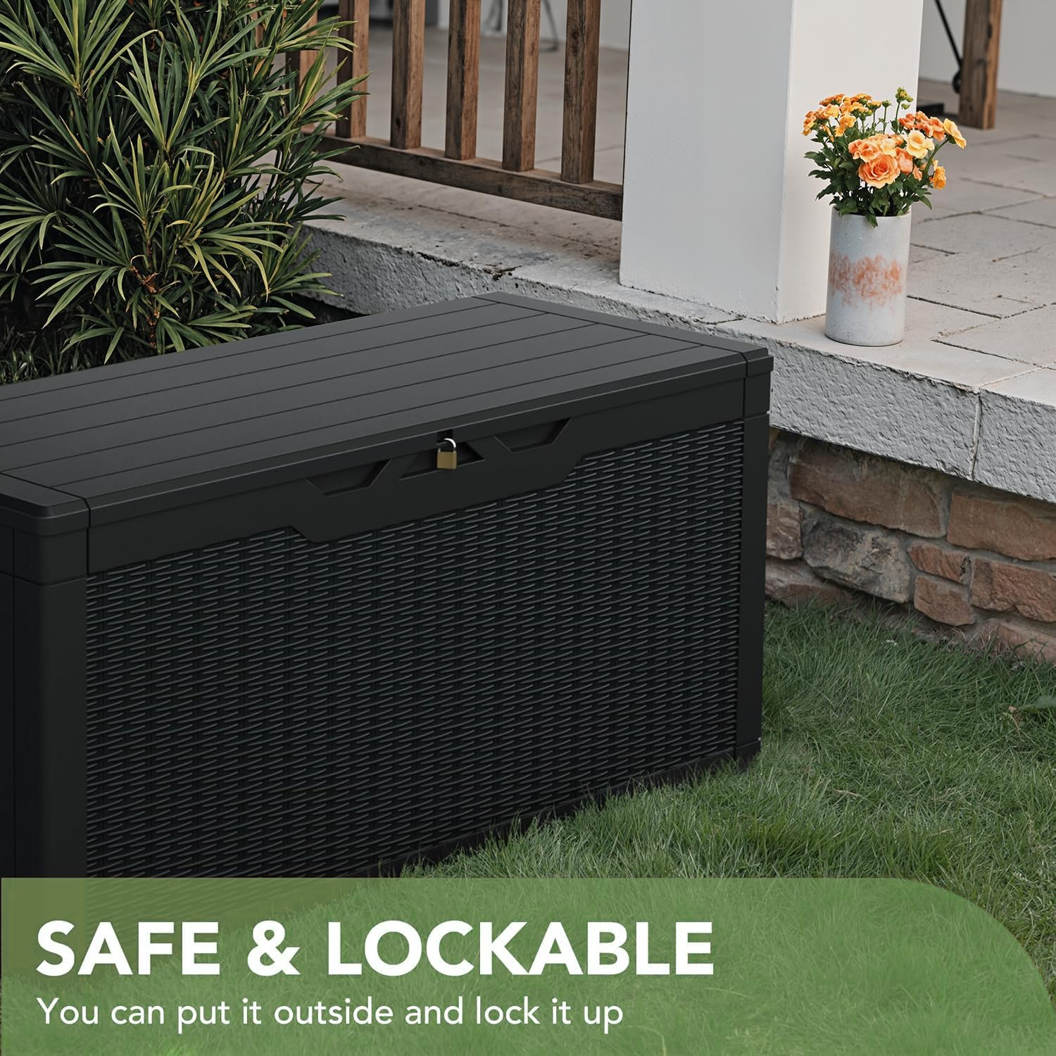 378L Waterproof Resin Storage Box Large Lockable Deck Box for Outdoor Cushions & Garden Tools, Patio Furniture Container, Bench Seating (Black) - Grey image number 6