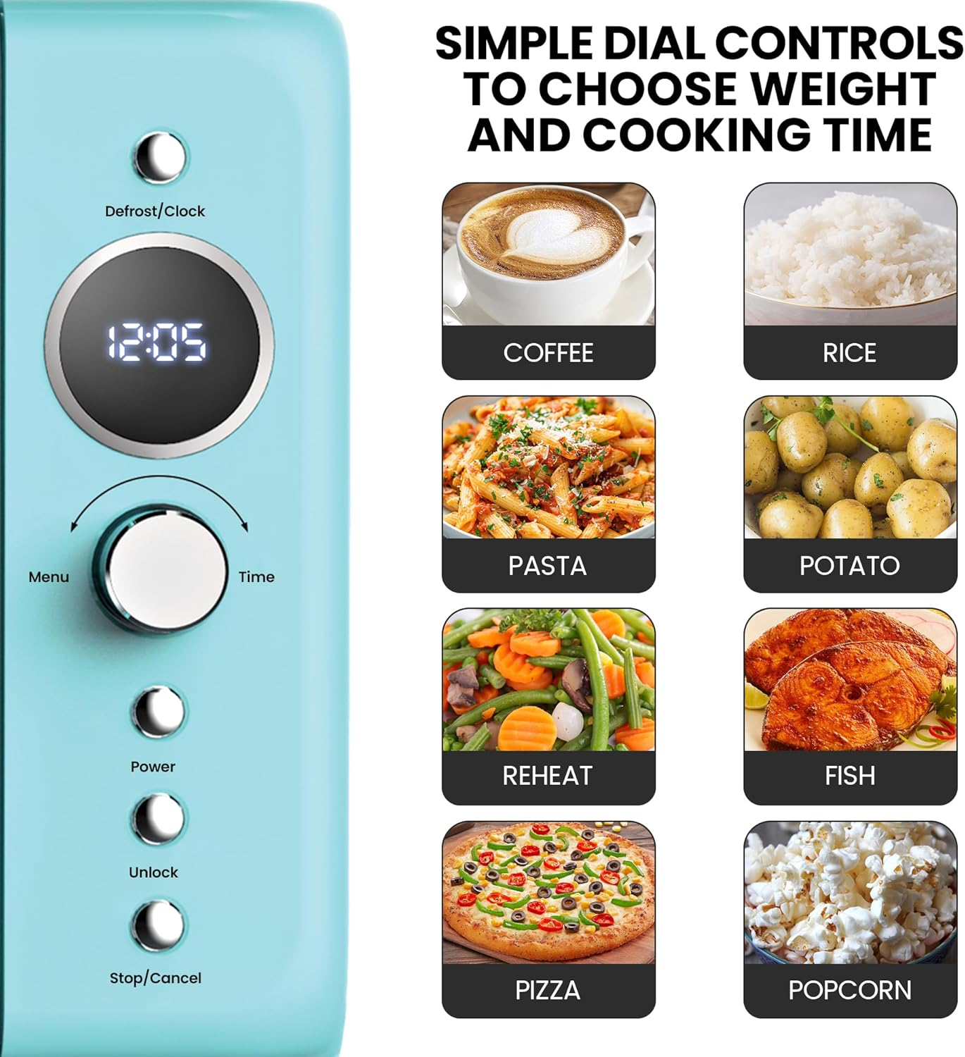 Total Chef Retro Microwave Oven | 20L | Quick Start & Defrost by Weight/Time | 8 Pre-Set Cooking Modes for Coffee, Rice, Pasta, Potato, Reheat, Fish, Pizza, Popcorn | 700W (Blue) - Black image number 4