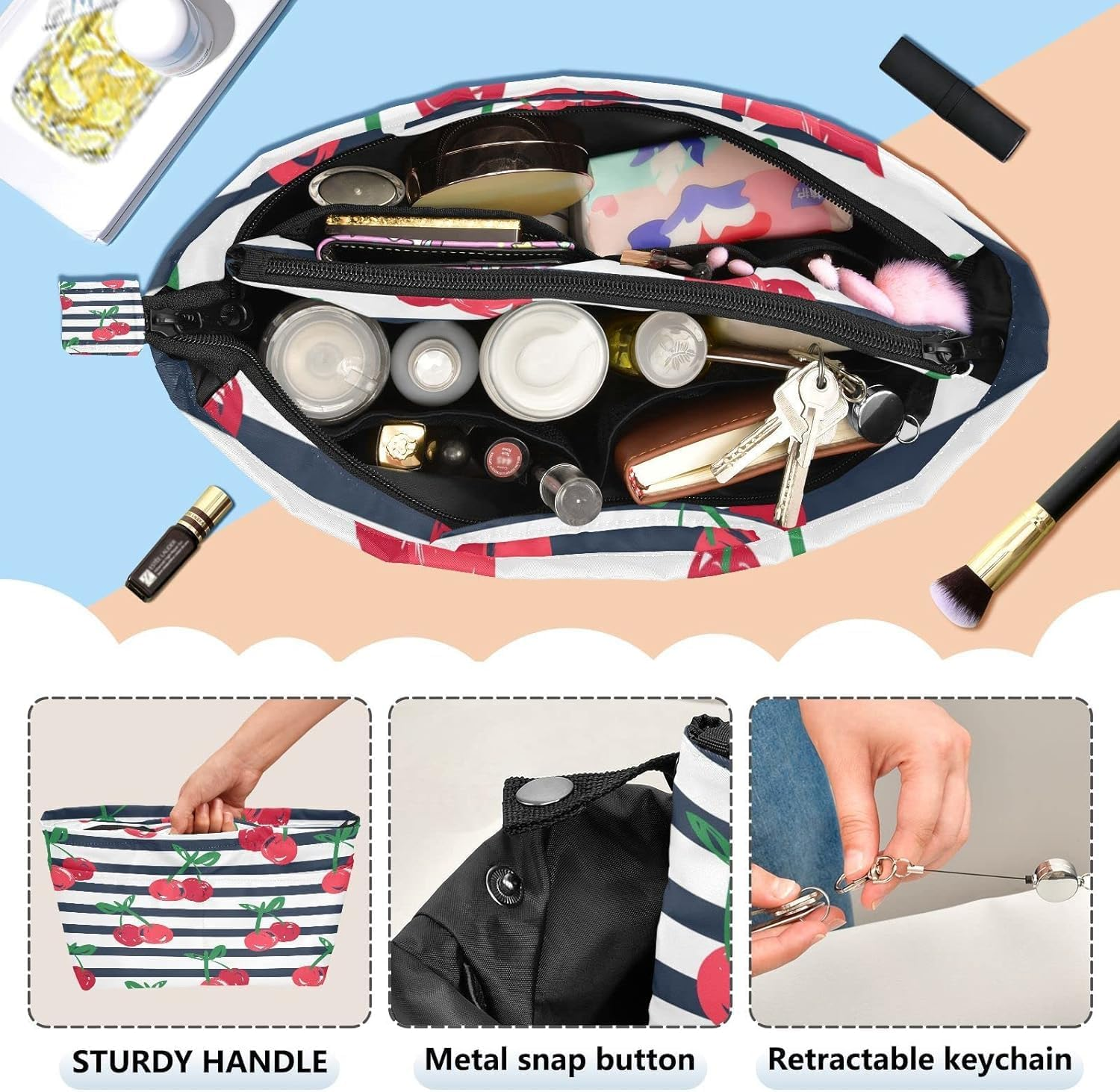 Cosmetic Bag 2Pcs Travel Makeup Case Small, Cosmetic Zipper Bag Waterproof Small Pouch for Purse Mini, Women Cute Traveling Accessories Pouch for Ladies(Stripes Cherry) image number 4