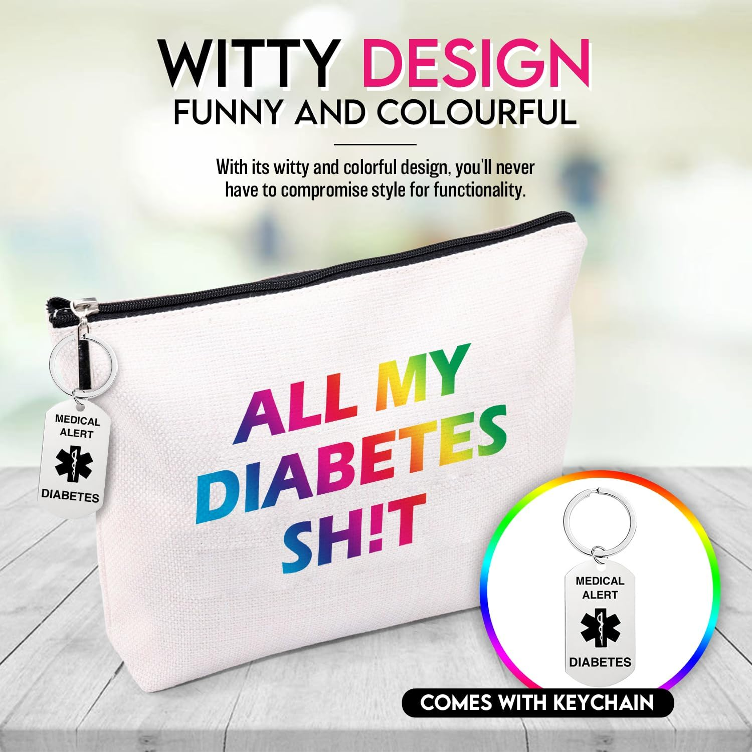 Travel Diabetic Case - Colourful, Witty Design, Durable 100% Cotton Canvas with Bonus Keychain - Perfect for Diabetic Supplies, Cosmetics, Toiletries, Makeup Brushes - Lightweight Travel Buddy