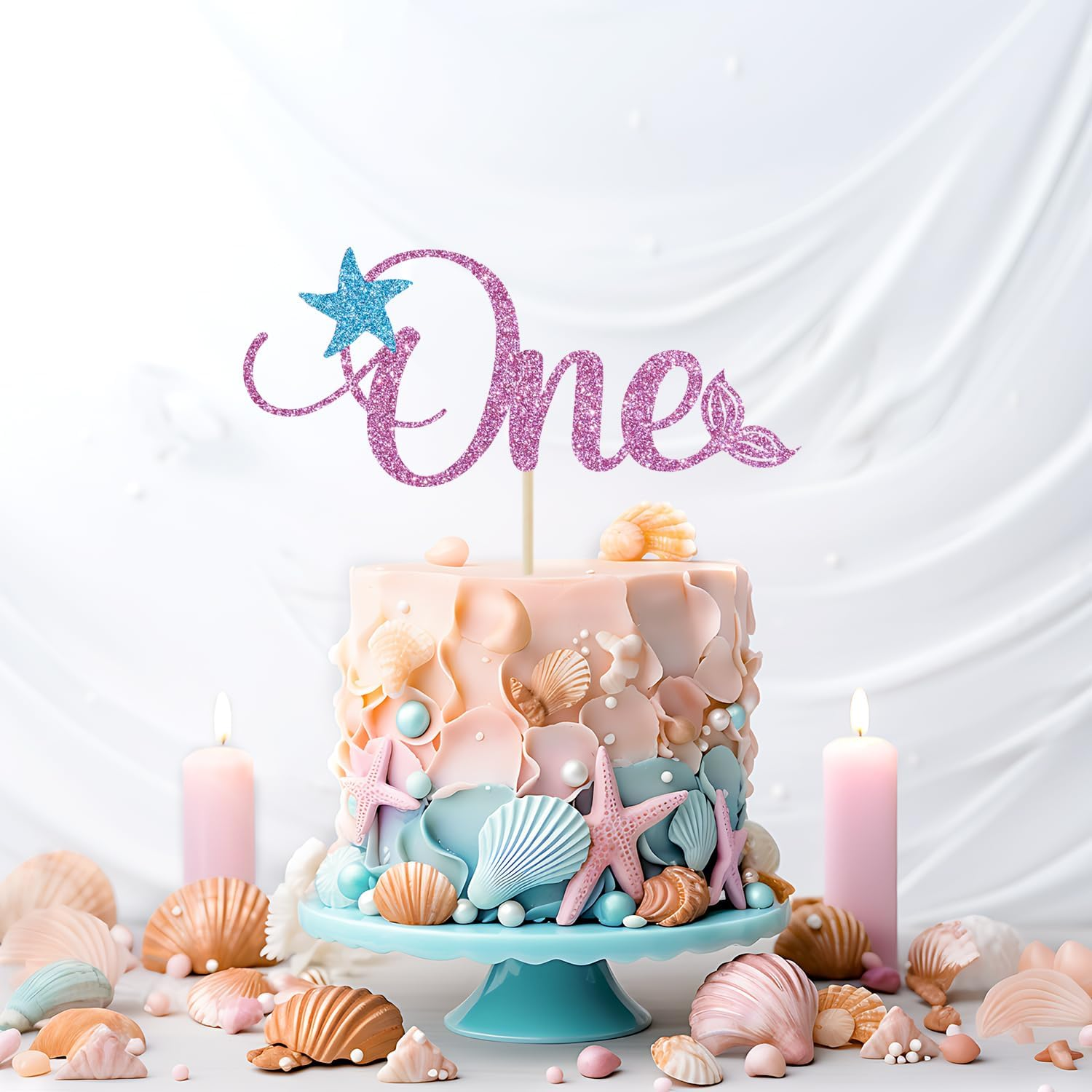 Mermaid One Cake Topper, Baby Girl 1St Birthday Decorations, under the Sea, Mermaid Themed Baby Shower First Birthday Party Decorations, Pink Glitter image number 4