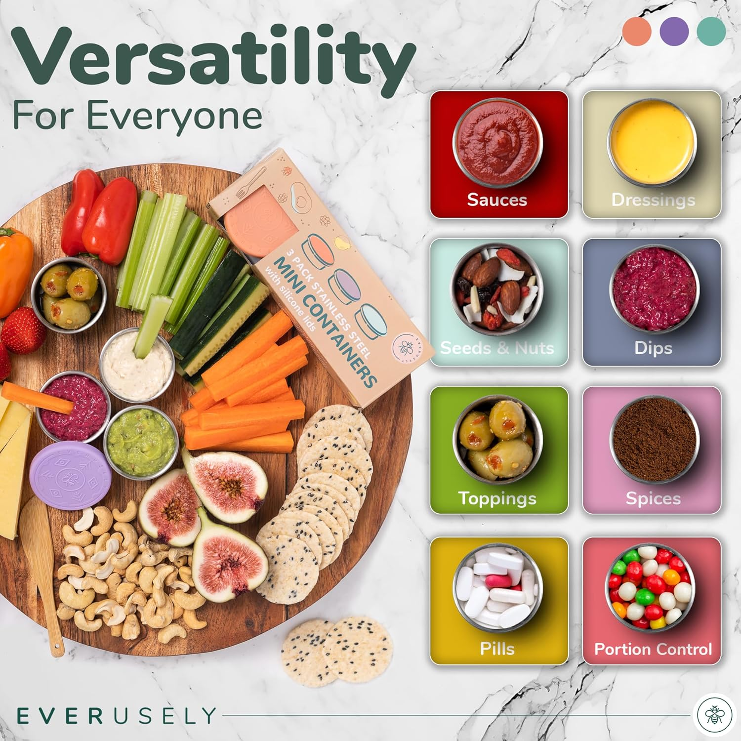 Everusely 3 X 1.7Oz Leakproof Salad Dressing Container to Go, Stainless Steel Small Condiment Containers with Lids, Sauce Containers for Lunch Box, Dressing Cups with Lids, Dip Containers, Sauce Cups image number 1