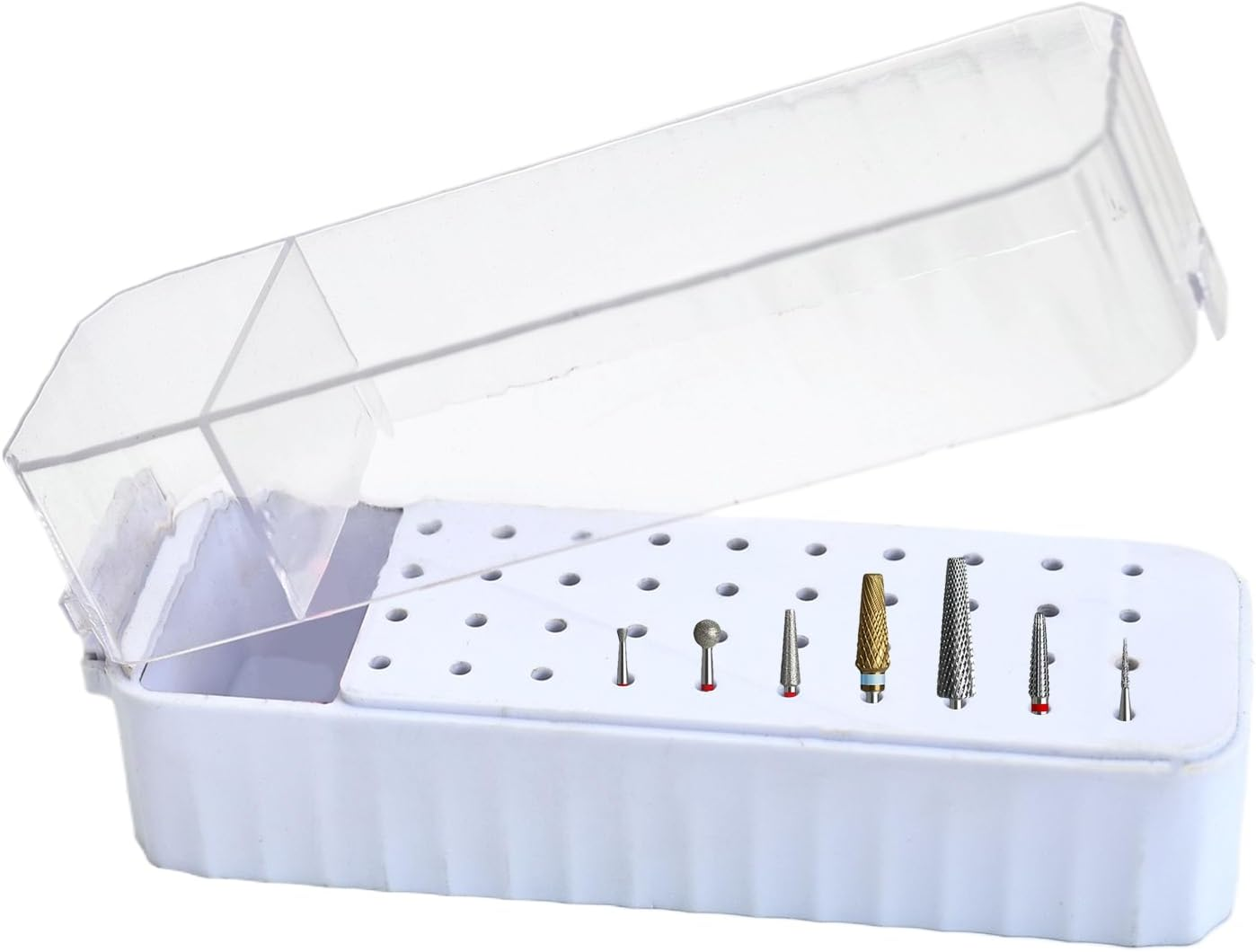 Jiimhte Nail Drill Bit Case, 40-Hole Nail Drill Bit Organizer, Transparent Lid Display Box Dustproof Grinding Tips for Home Manicure Gel Polish Removal Pedicure Prep Cuticle Care