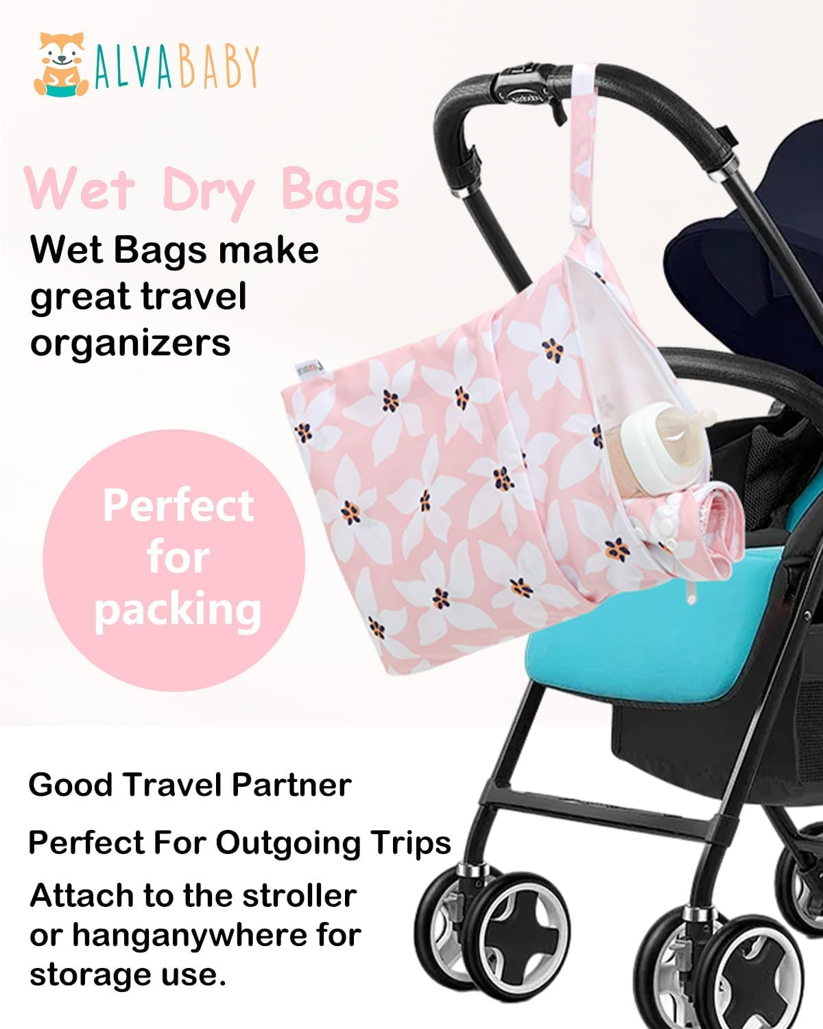 ALVABABY 3 Cloth Diaper Wet Dry Bags Waterproof Reusable with Two Zippered Pockets Travel Beach Pool Daycare Soiled Baby Items Yoga Gym Bag for Swimsuits or Wet Clothes Small Medium Large 3L-ZM26 image number 4