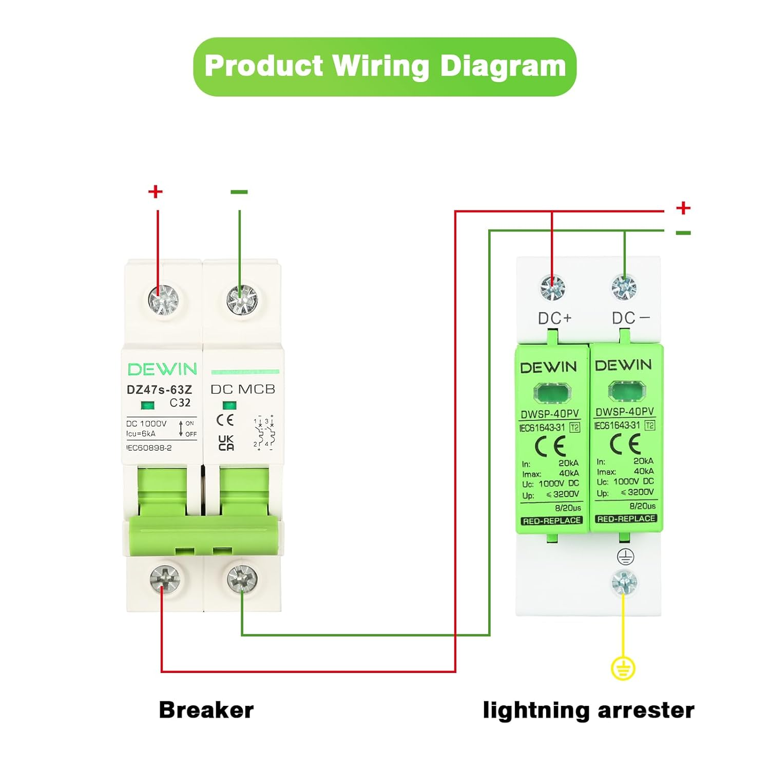 Victool DC Miniature Circuit Breaker, DC Circuit Isolator, Low Voltage Miniature Circuit Breaker DIN Rail Mount 2P 32A DC1000V image number 3