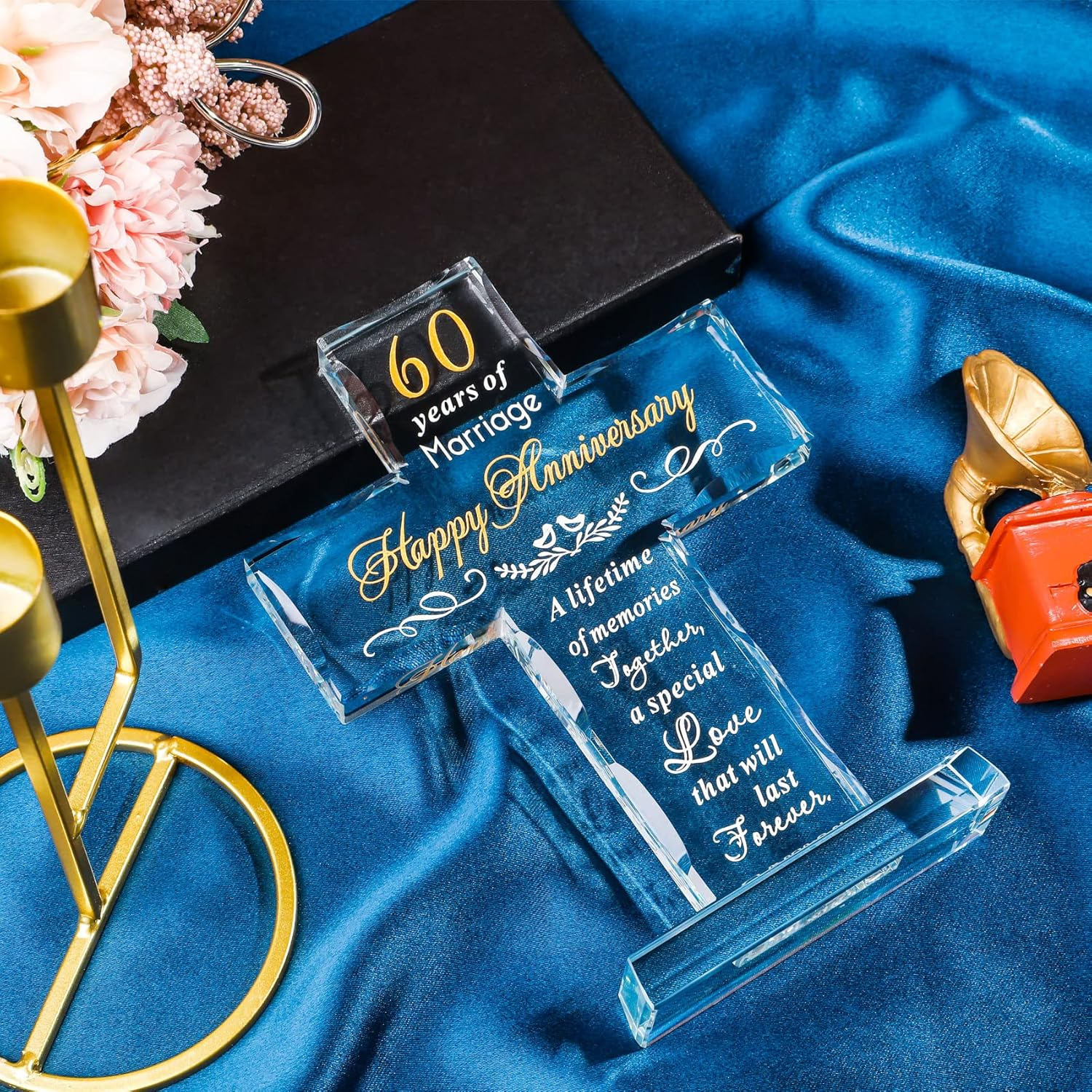 YWHL 60Th Anniversary Cross Gifts for Couple Parents, 60 Years Wedding Anniversary Keepsake for Him Her, Laser Carved 60 Years of Marriage Glass Cross Decoration image number 1