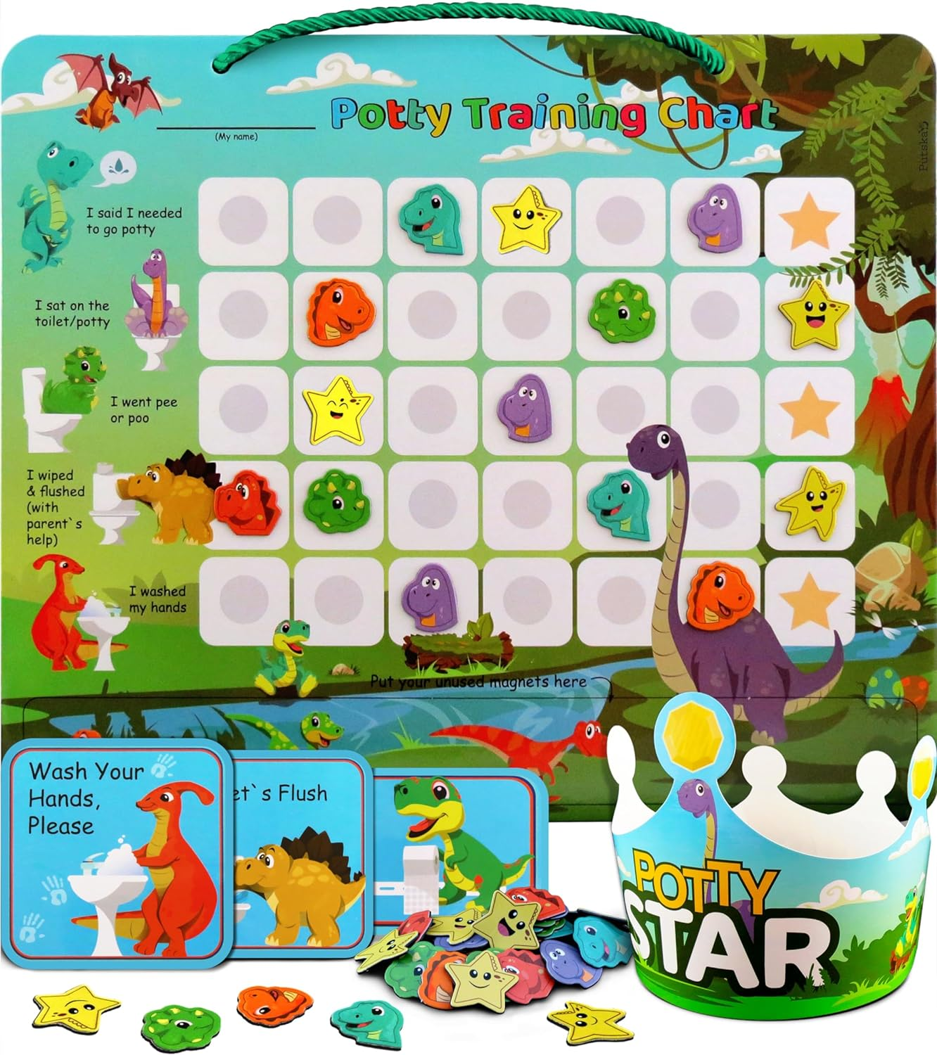 Potty Training Chart with 35 Stickers, 3 Reminder Stickers and Crown for Toddlers Boys and Girls - Potty Training Rewards for Kids - Dino image number 3