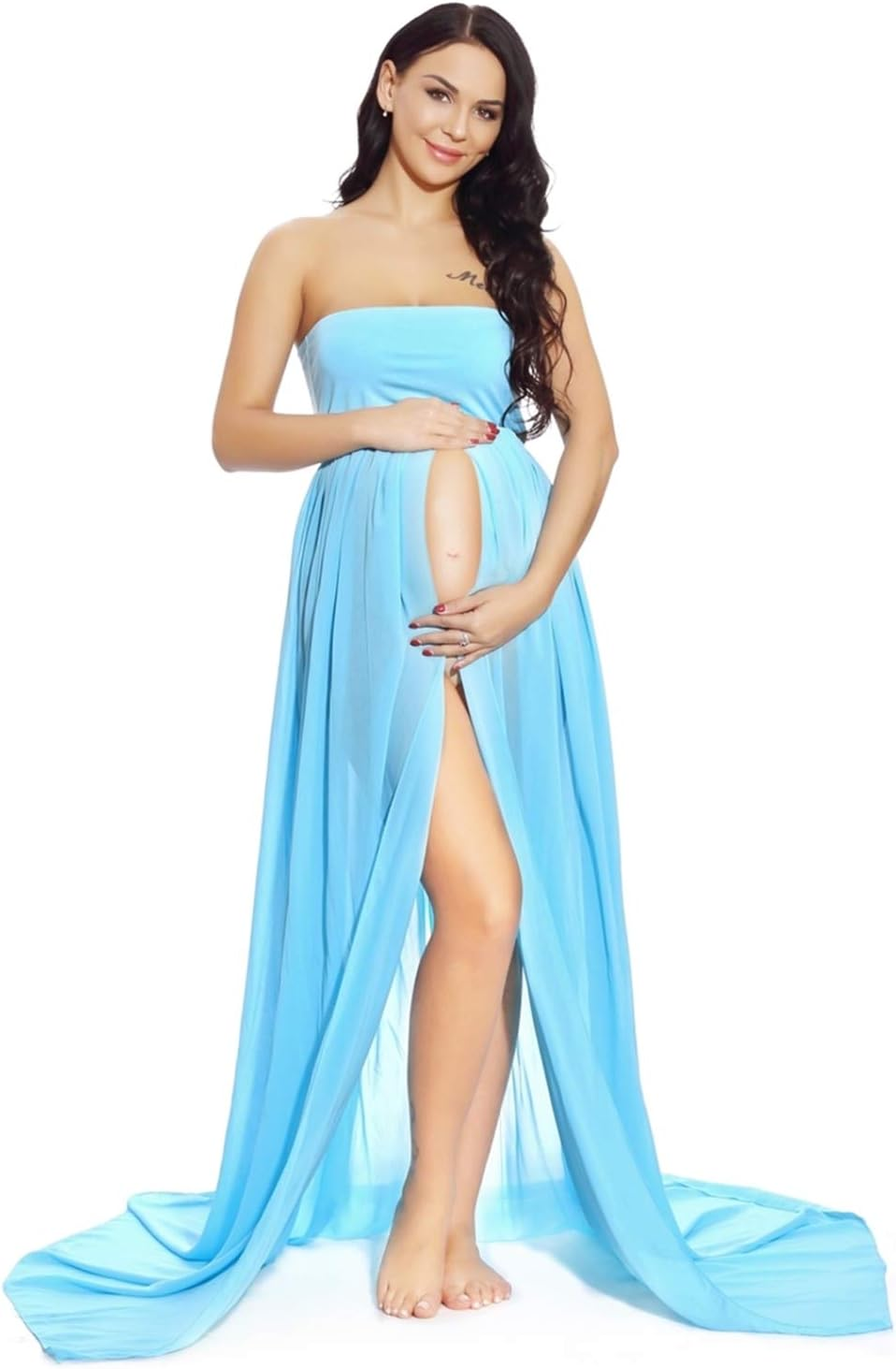 ZIUMUDY Maternity Chiffon Strapless Maxi Photography Dress Split Front Gown for Photoshoot