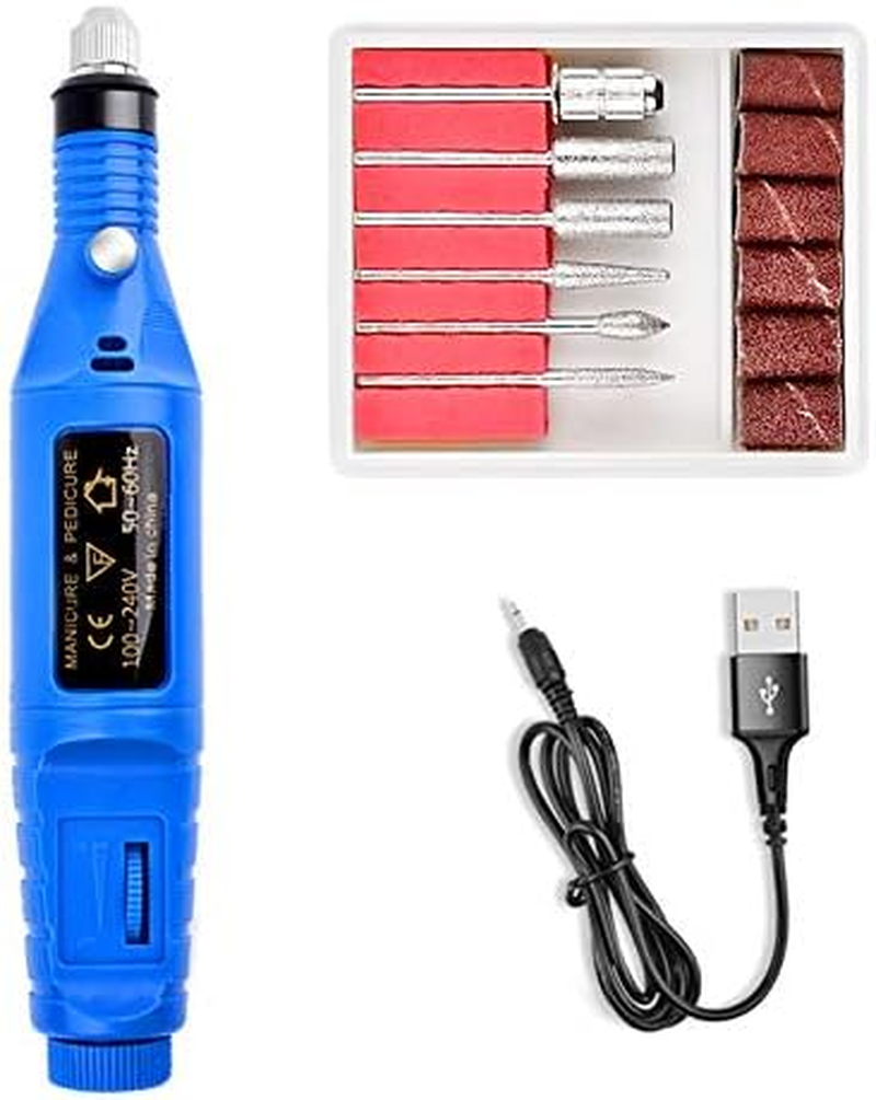 Portable USB Electric Nail Drill Machine &ndash; Professional Nail File for Acrylic and Gel Nails, Manicure & Pedicure. Nail Art Polishing Tool with 6 Nail Drill Bits Sanding Bands Dust Brush, Compact Nail Drill Kit (Red/Black/Pink/Blue/White) (White)