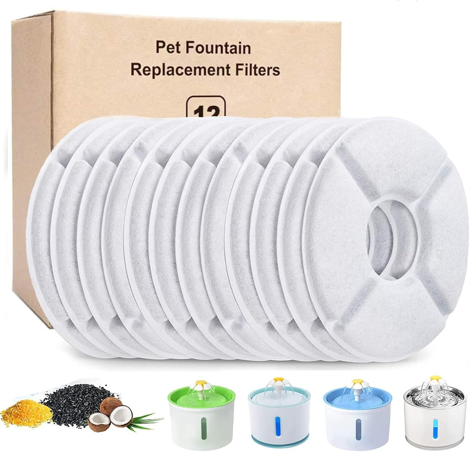 Pack of 12 Cat Fountain Filters, Replacement Filter for Drinking Fountain for Cats and Dogs, with Resin and Activated Carbon for Automatic Water Dispenser, Water Fountain, Drinking Fountain Filter,