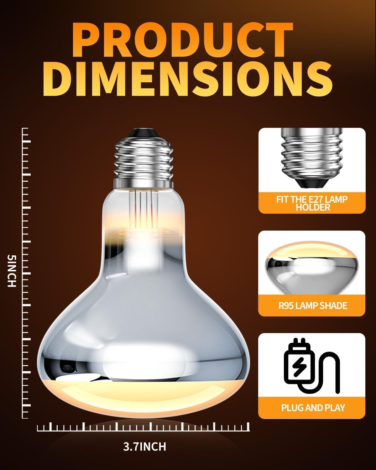 E27 UVB Reptile Heat Bulb 160W R95 Heat Lamp AC220-240V for Reptiles Amphibians, Bearded Dragons, Geckos, Snakes, Turtles, Tortoises, Lizards, Frogs, Spiders, Small Mammals (Pack of 1)