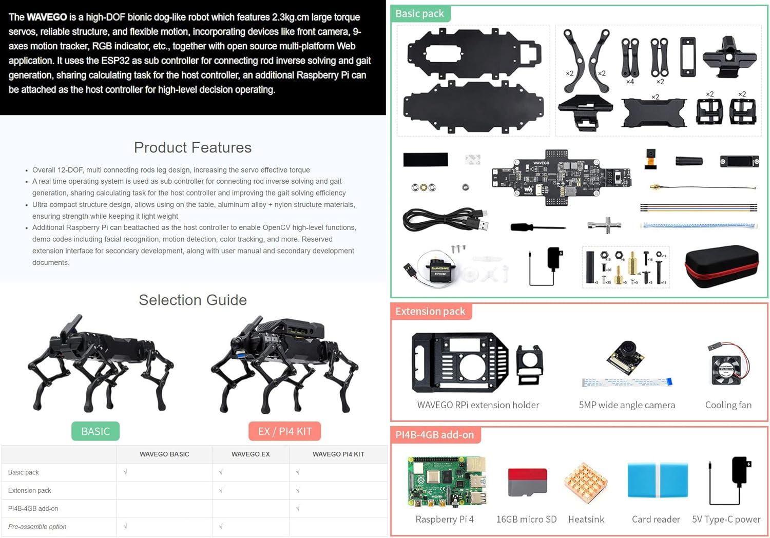 Waveshare WAVEGO 12-DOF Bionic Dog-Like Robot Open Source for ESP32 and PI4B Facial Recognition Color Tracking Motion Detection with Raspberry Pi Extension Holder (22 Items)