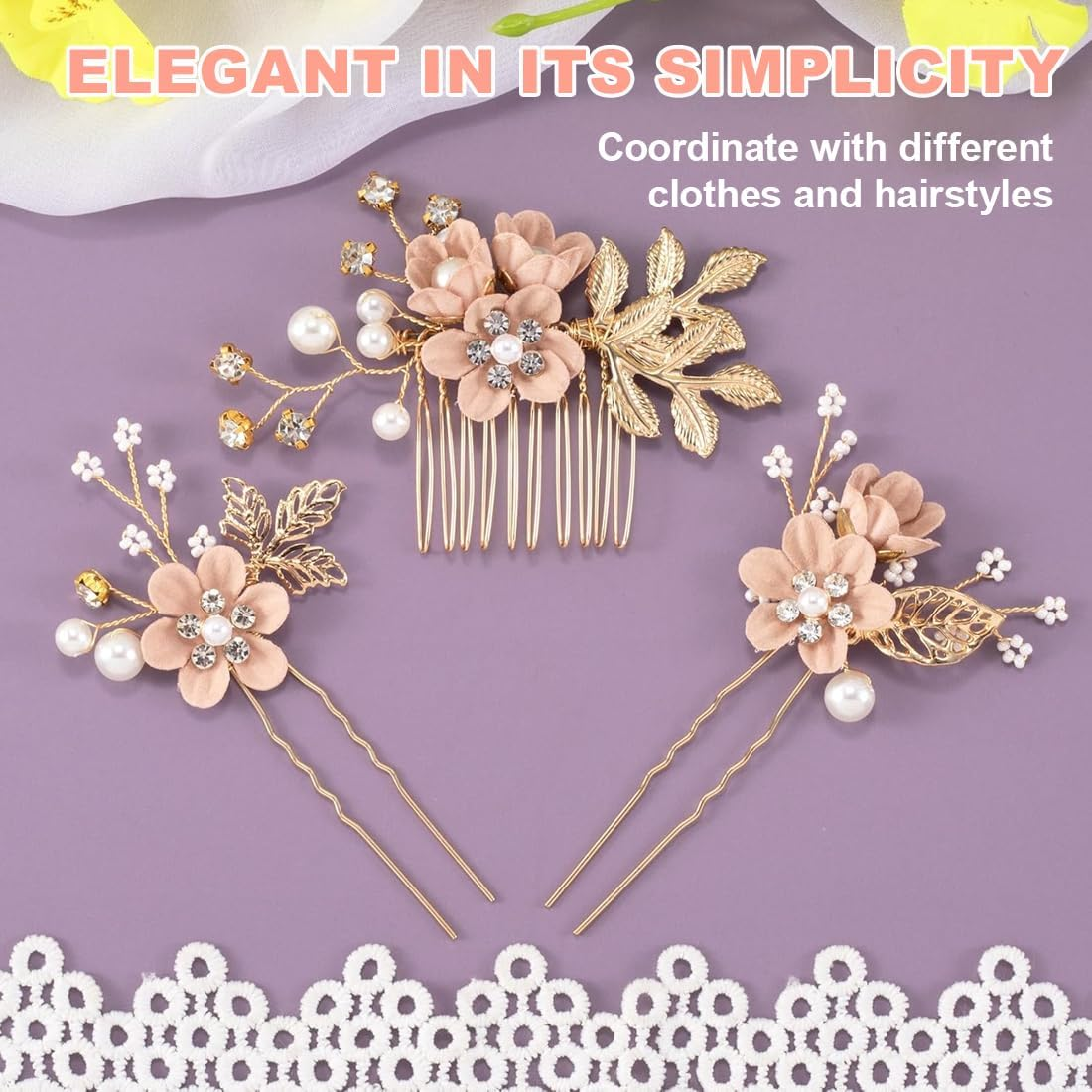 SGERUFZ Pack of 4 Wedding Hair Combs Rhinestone Hairpin Crystal Accessories Beads Headpiece Updo for Women Girls Party Prom Bridesmaids Flower Girl (Pink Flowers) image number 3