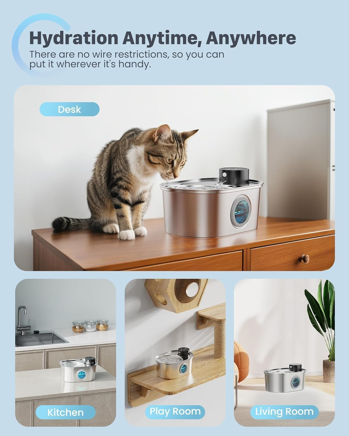Wireless Cat Water Fountain: Battery Operated Stainless Steel Pet Fountain, Automatic Cordless Water Dispenser Indoor, Metal Bottle for Drinking, Rechargeable Dog Water Bowl(6 Filters+ 3 Sponges) image number 5