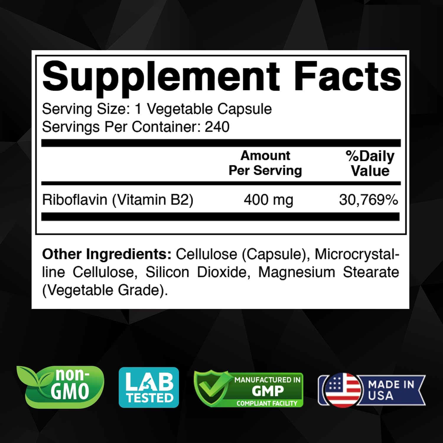 Vitamin B2 (Riboflavin) 400 Mg 240 Vegetarian Capsules - Support Cellular Energy and Red Blood Cell Production image number 1