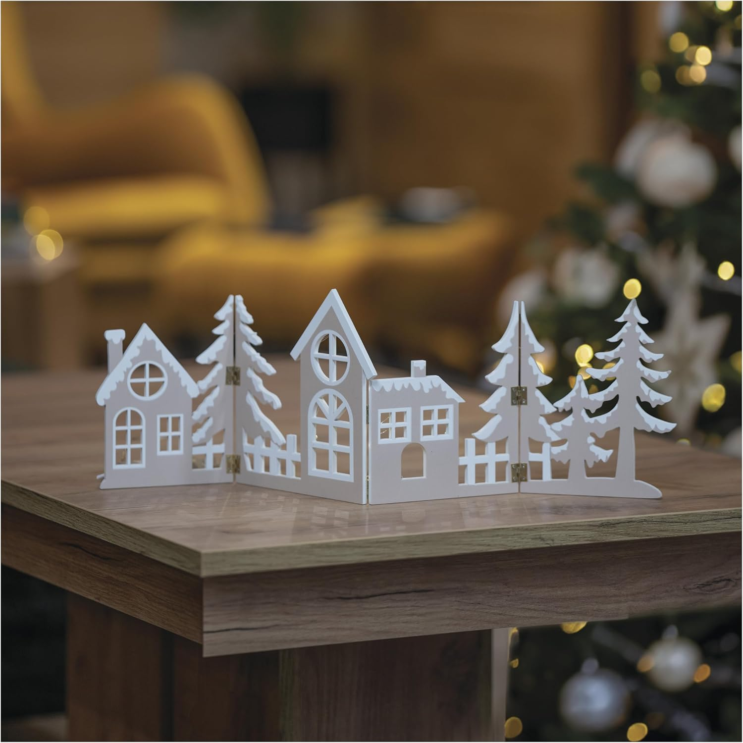 EMOS - LED Wooden Village, Foldable - Wooden Decoration with Village, Warm White - 6/18H Timer, 30Cm Cable, Battery Operated (2X AA) - Lifetime 10000 Hours - for Indoor Use - Natural Wood image number 5