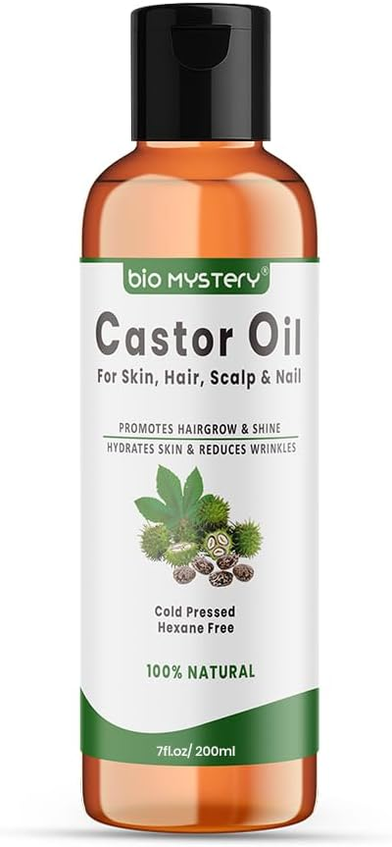 100% Pure Natural Castor Oil Cold Pressed, Hexane-Free, Unrefined Arandi Oil for Hair, Eyebrows, Thicker Eyelashes, Skin Moisturiser with Liner Brush (200Ml/6.8 Oz)