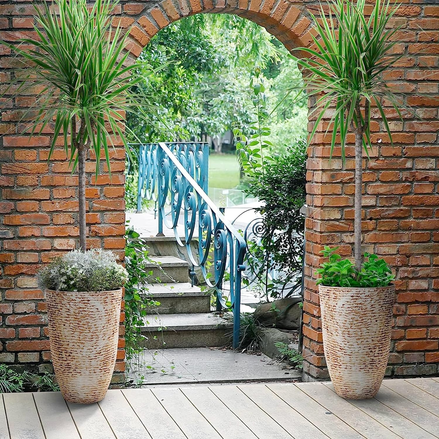 Worth Garden 9 Gallon Tall round Planters Set of 2-14" Dia X 21" H Tree Pots for Outdoor Plants - Large Imitation Stone Finish Flower Pots Indoor Decorative Container Garden Patio Unbreakable Beige - Beige image number 4