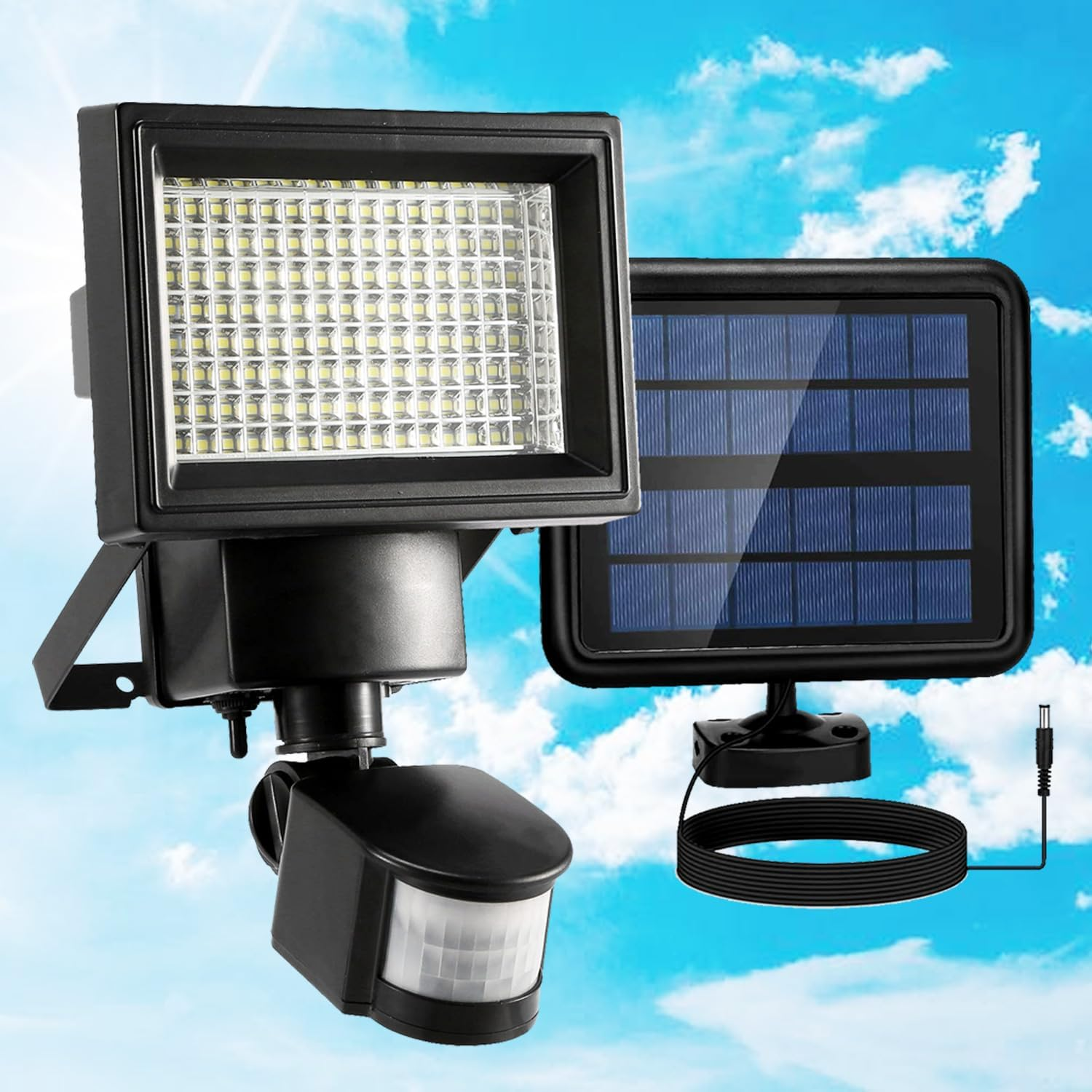 Solar Lights Outdoor, Solar Wall Lights Outdoor with Motion Sensor 2200 Lumen 120 LED Ultra Bright IP44 Waterproof 150&deg;Angle with 4.8M Cable 3 Lighting Mode (120 LED) image number 1