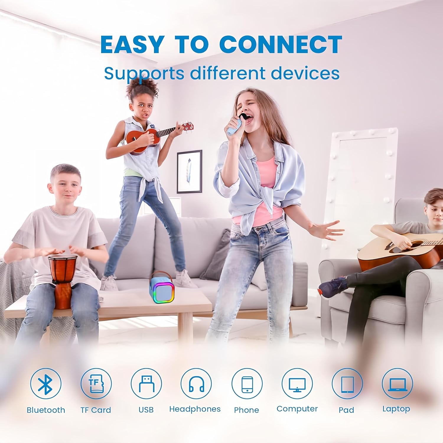 Mini Karaoke Machine for Kids, Birthday Gifts Toys for Girls Boys Friends Age 3-12+, Portable Bluetooth Speaker with 2 Wireless Mics, Karafun Premium Songs Family Home Party (Blue) - Blue image number 6