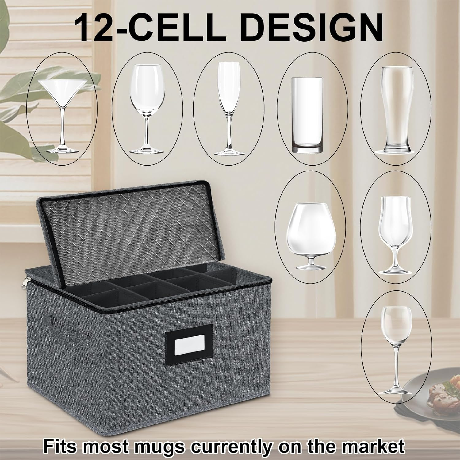 VERONLY Stemware Storage Box - China Storage Containers Holds 12 Wine Glass or Crystal Glassware Case, Stackable with Lable Window and Handles(Grey) image number 4