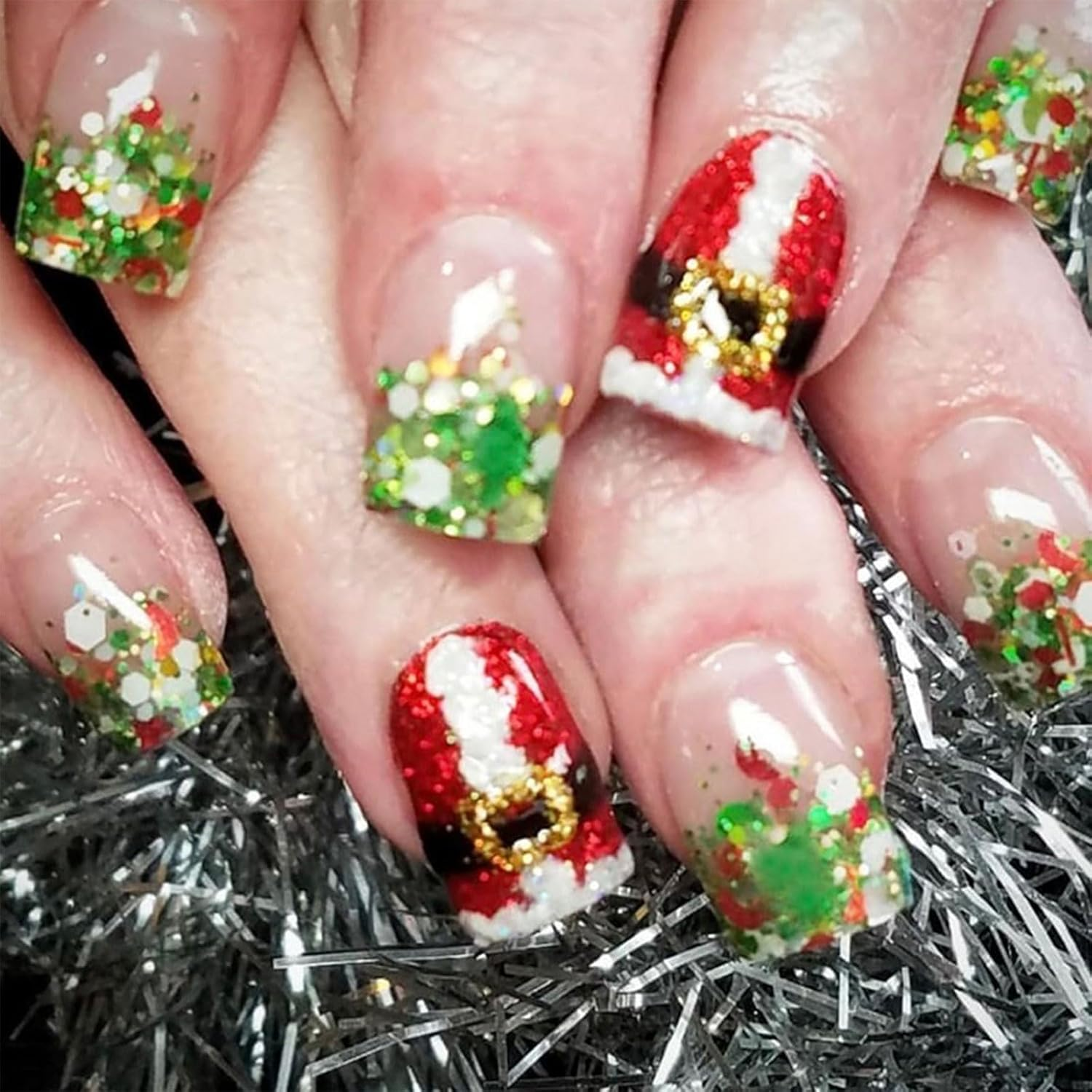 24PCS Christmas Press on Nails,Cute Short Square Xmas False Nails,Funny Fake Nails with Gingerbread Man and Snowflakes Design,Unique Glossy Manicure for Women or Girls