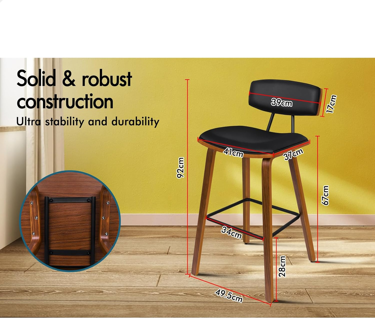 ALFORDSON 2Pcs Vintage Wooden Bar Stools Kitchen Dining Chair Black Counter Chair with Footrest, Backrest and Anti-Slip Pads for Home Bar Dining Room image number 5