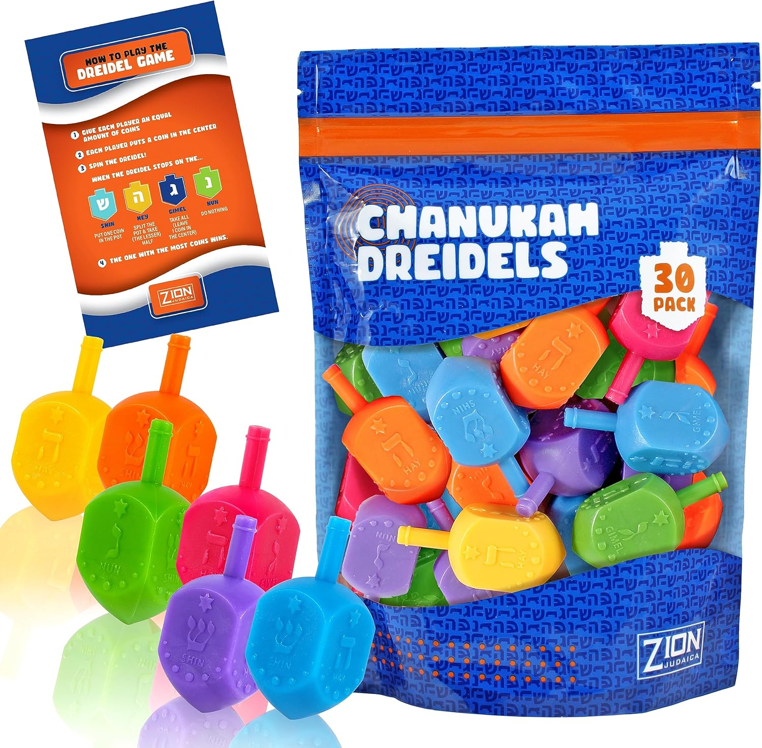 Zion Judaica 100 Medium Plastic Hanukkah Dreidels with English Transliteration - Ziplock Bag image number 4