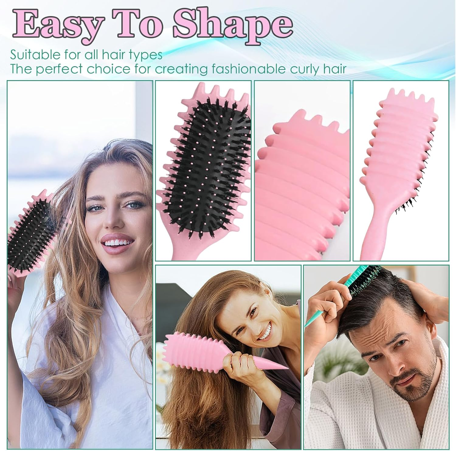 Curly Hair Brush: Bounce Hair Brush Less Pulling Styling Brush for Men and Women Boar Bristle Curl for Combing Detangling, Pink image number 1