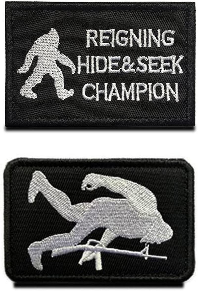 2 Pcs Reigning Hide and Seek Champion Big Man Funny Hook and Loop Fully Embroidered Tactical Patrol Patches for Bag Caps Backpack Uniform Vest Harness