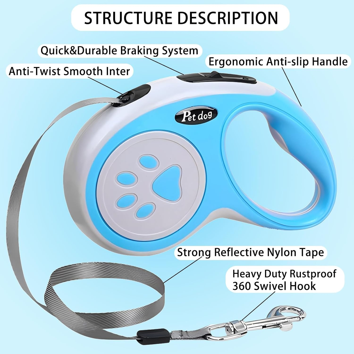 Retractable Dog Lead, IKEEP 5M/16FT Extendable Dog Lead with Strong Nylon Tape Tangle-Free One-Handed Brake, Pause, Lock for Small Medium Dogs (Blue) image number 2