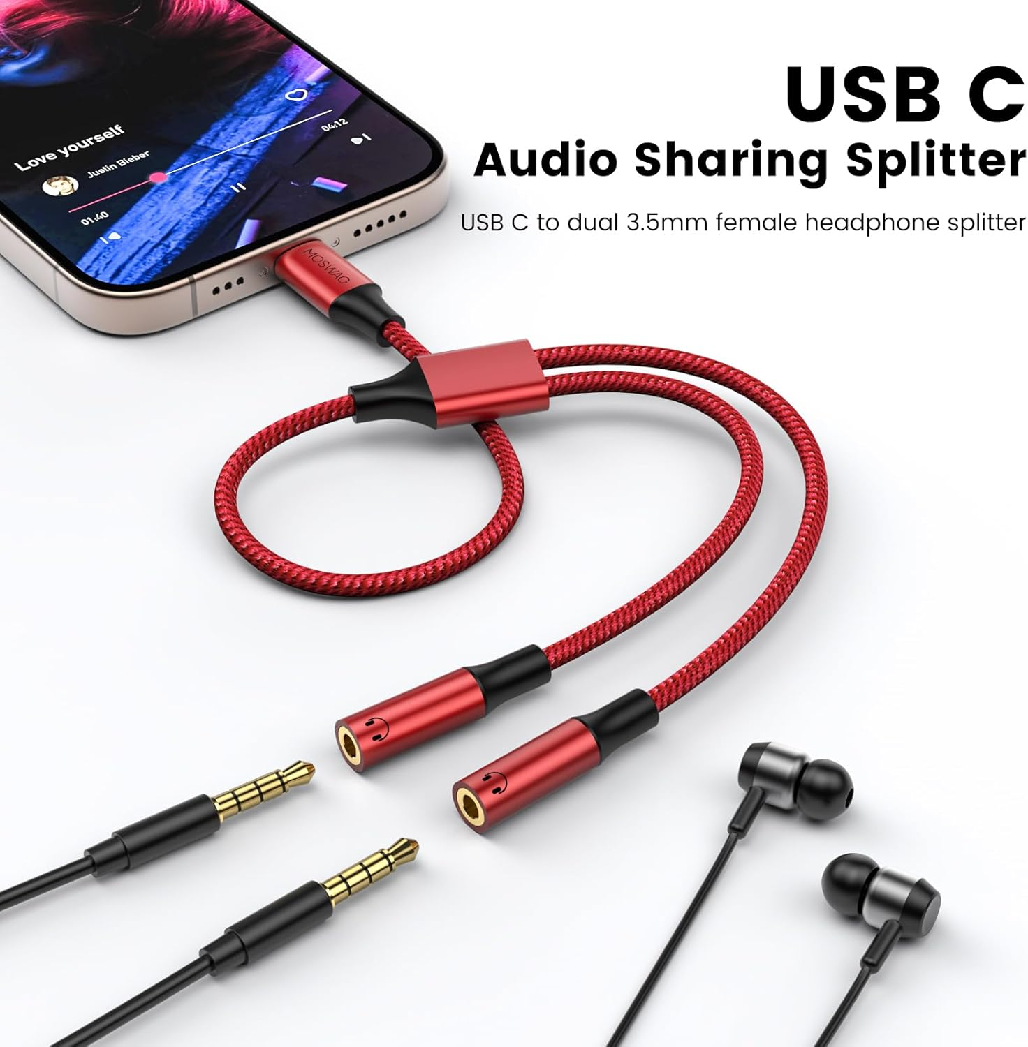 MOSWAG Type C to Dual 3.5Mm Aux Headphone Jack Adapter, Hi-Res 2 Way Audio Y Cable Cord Compatible with Ipad Samsung S23 S22 Google Pixel 7 6 Pro 5 - Red image number 3