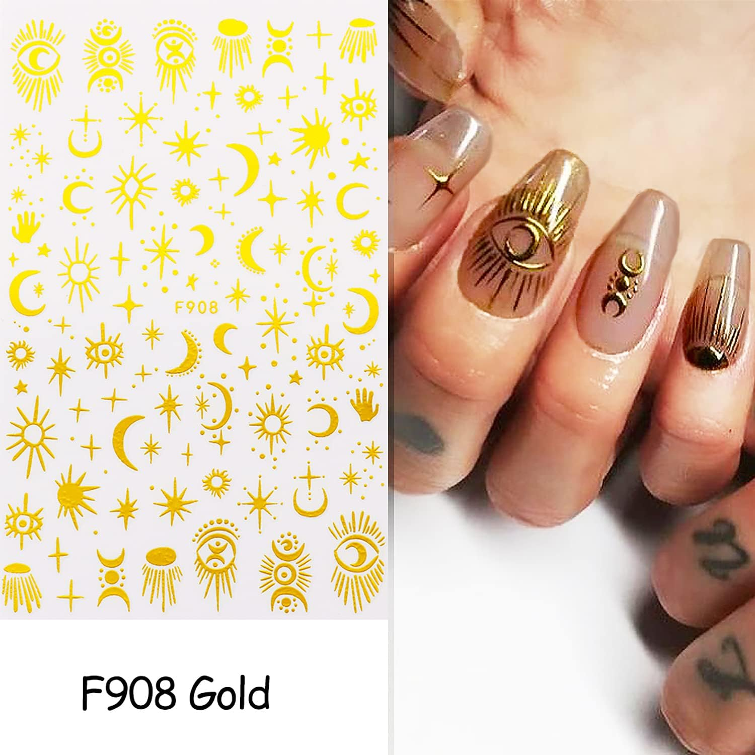 6 Sheets Gold Nail Art Adhesive Sticker 3D Self-Adhesive Nail Decals Art Design Holographic Moon Sun Stars Nail Art Sticker Decoration for Women Manicure Tips Acrylic Nails DIY Nails Art Supplies image number 1