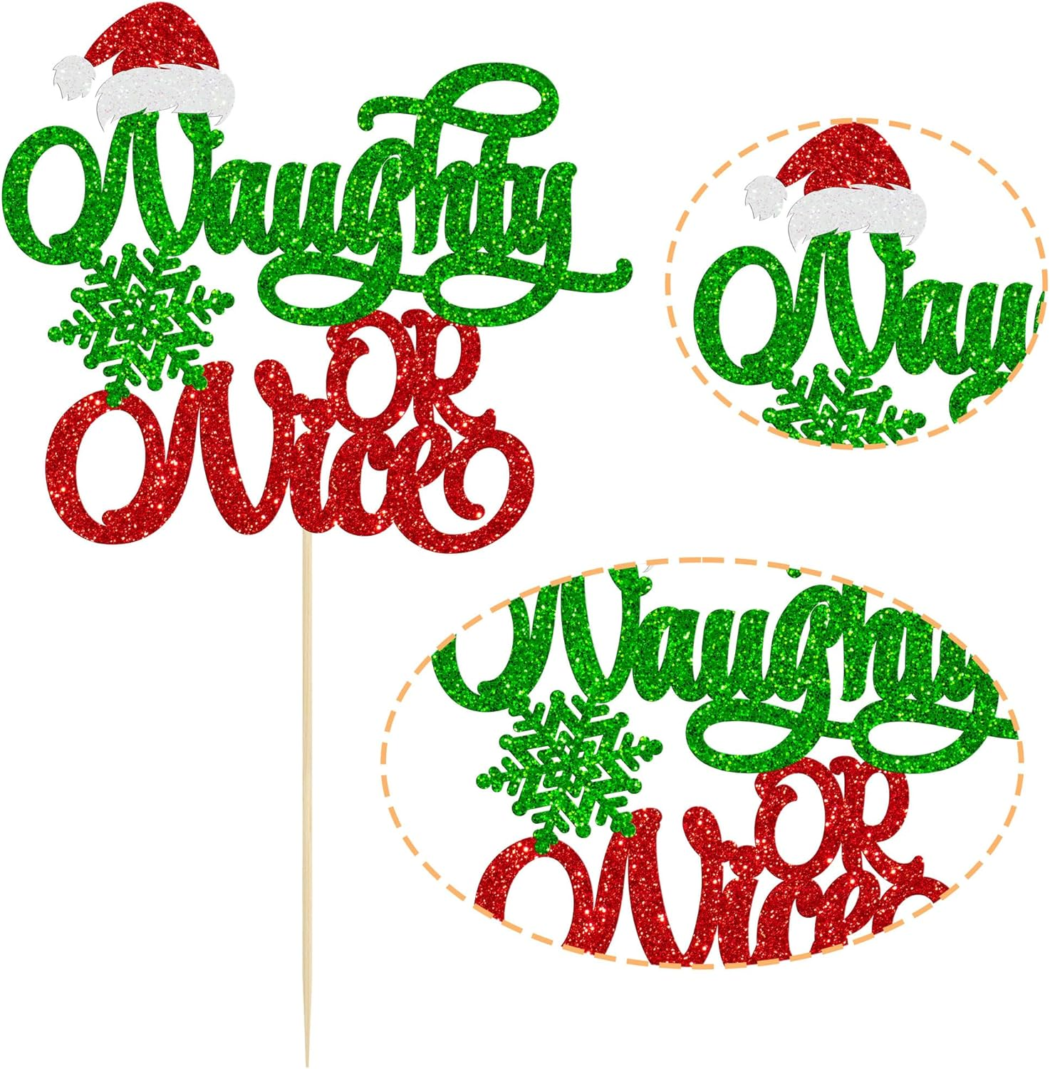 Gyufise 1Pc Naughty or Nice Cake Topper Red Green Glitter Santa Hat Snowflake Christmas Cake Decoration for Naughty Merry Christmas Theme Birthday Baby Shower Party Happy New Year Party Supplies - Multicolor-25Pcs image number 7