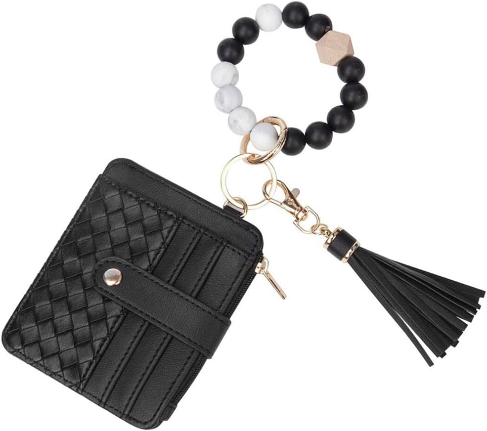 Wristlet Bracelet Keychain Credit Card Holder Purse,Rfid Blocking Zip Slim Wallet,Silicone Bead Tassel Key Ring for Women, Purple, One Size, Keychain Wallet with Bracelet