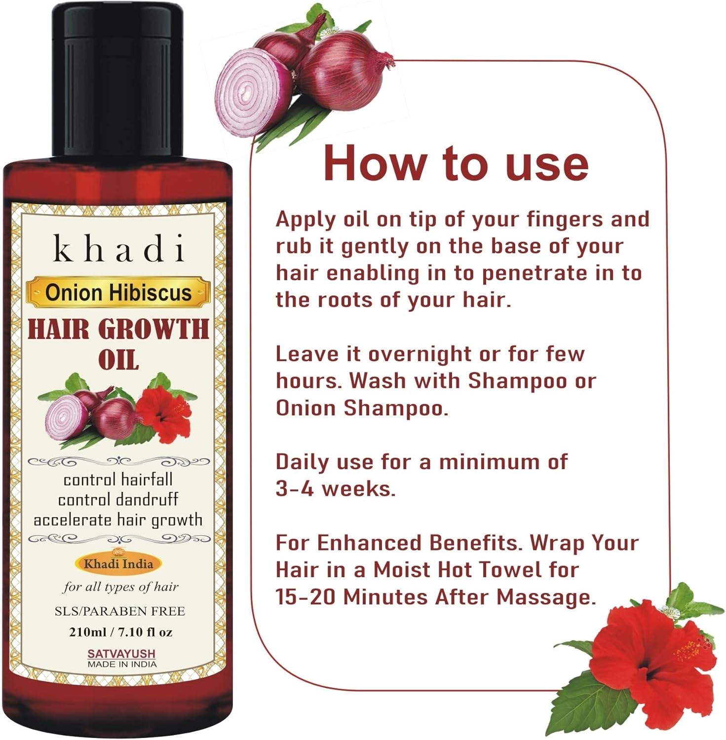 Satvayush Khadi Ultra Premium Red Onion with Hibiscus Ayurvedic Natural & Herbal Hair Oil (210 Ml) image number 1