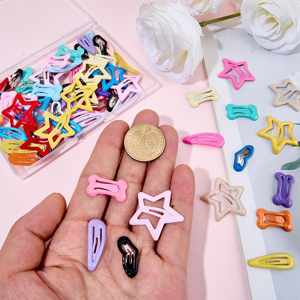 SOFPLATE 80Pcs 4 Styles Small Star Hair Clips Colorful Hair Snap Clips Aesthetic Assorted Steel Heart Teardrop Bone Pet Grooming Metal Hairpins Barrettes for Short Long Hairstyle DIY Decor Accessories image number 6