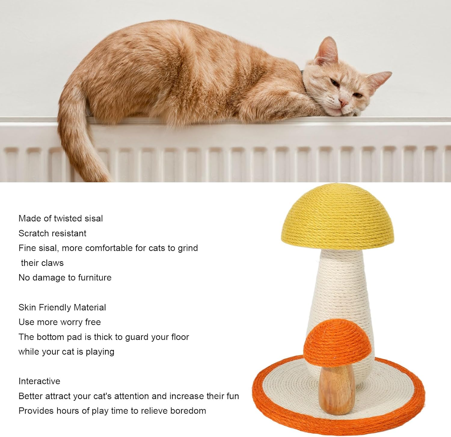Cat Scratching Post,Mushroom Tall Cat Scratcher Featuring, Claw Grinding Interactive Mushroom Shape Sisal Kitten Climbing Scratcher for Indoor image number 2
