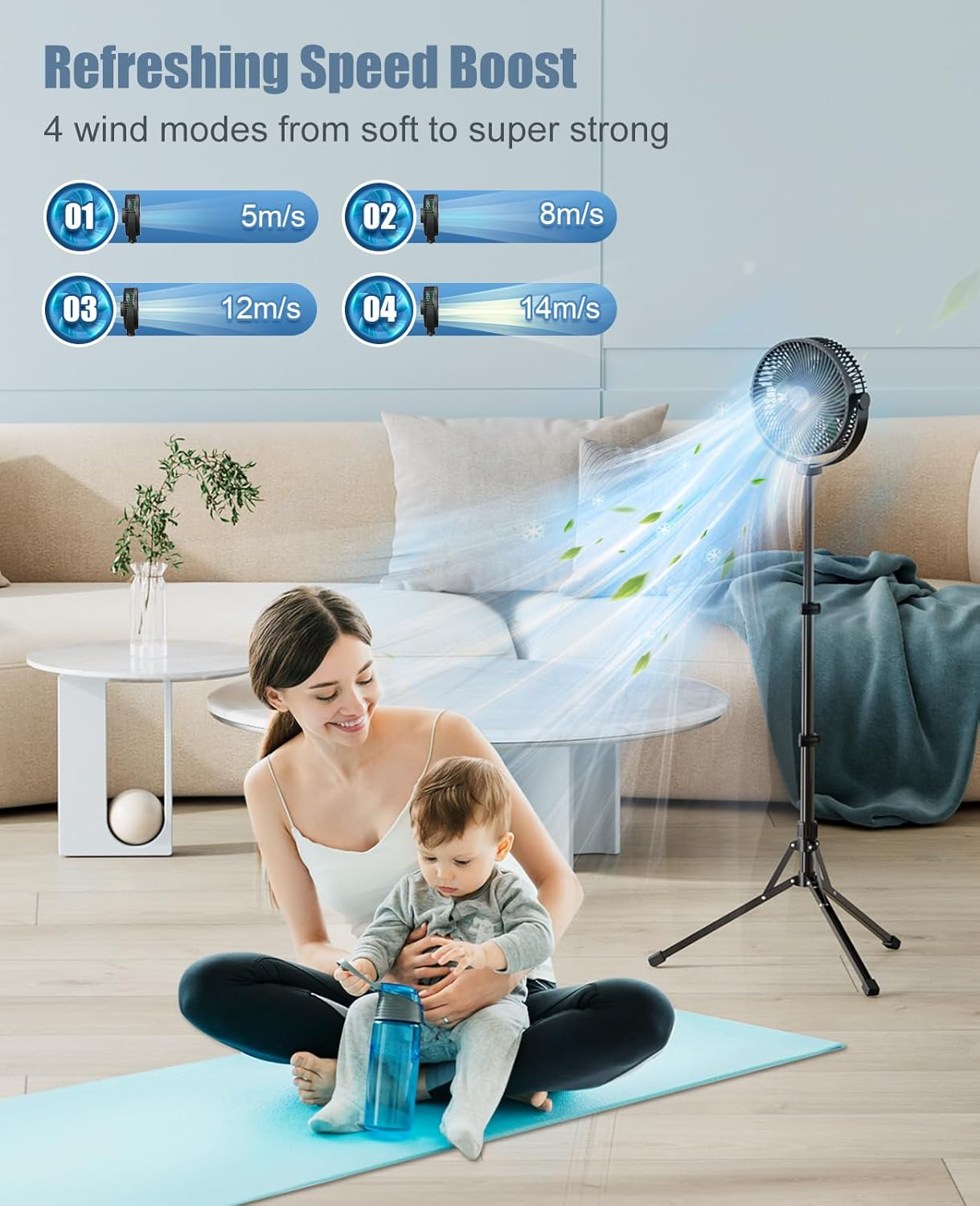 10000 Mah Pedestal Fan with 8.5'' Frame, 4 Speeds Air Circulator Fan, Portable Desk Fan with Adjustable Height, Max 40 H, Rechargeable Standing Fan, Included a Hook, Quiet for Home, Office, Outdoor image number 6