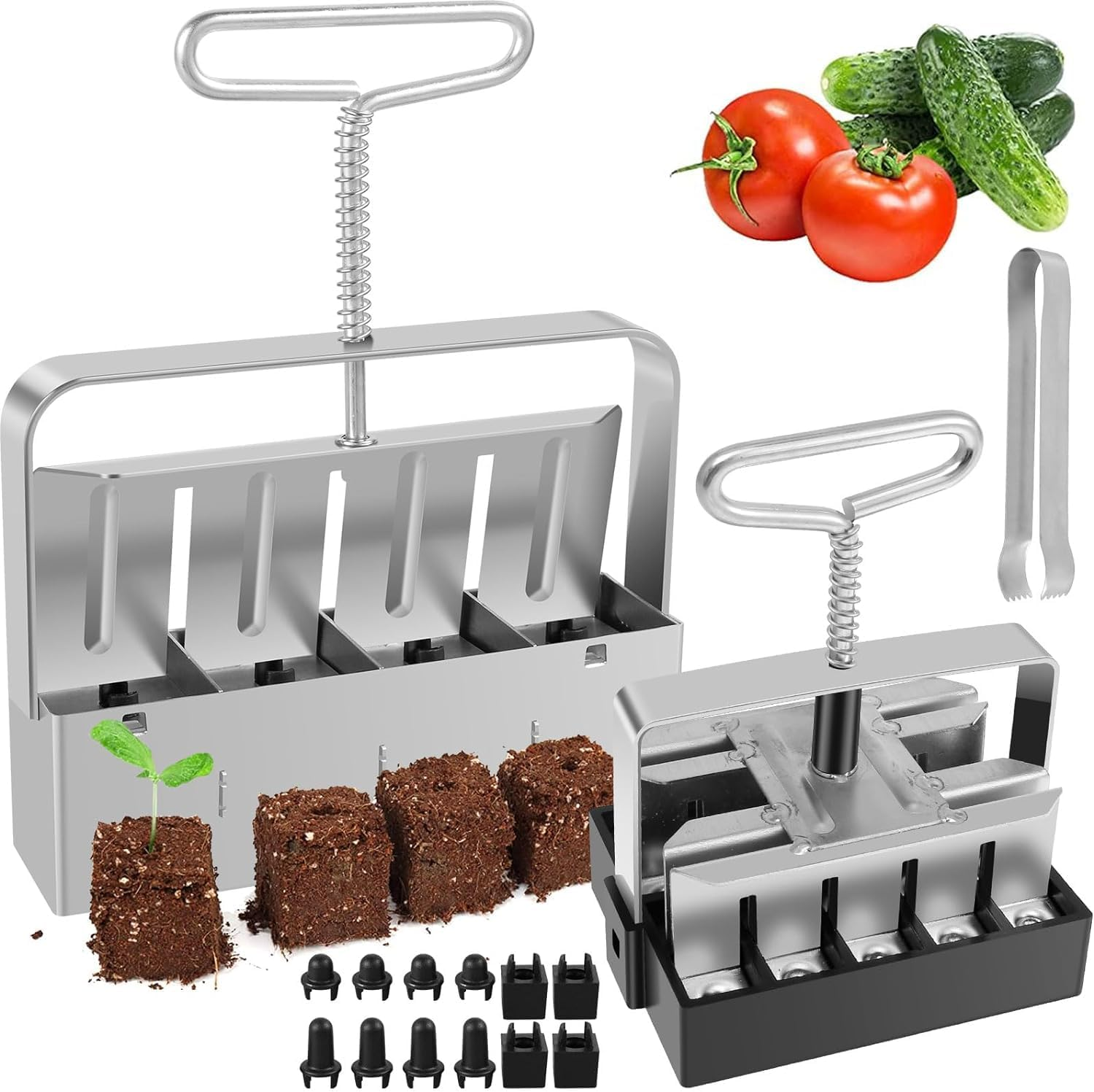 2Pcs Soil Blocker Set - 4 Cell/20Cell Seed Block Maker with Clip, Rustproof Handheld Garden Tool with Handle for Seedlings and Cuttings image number 3