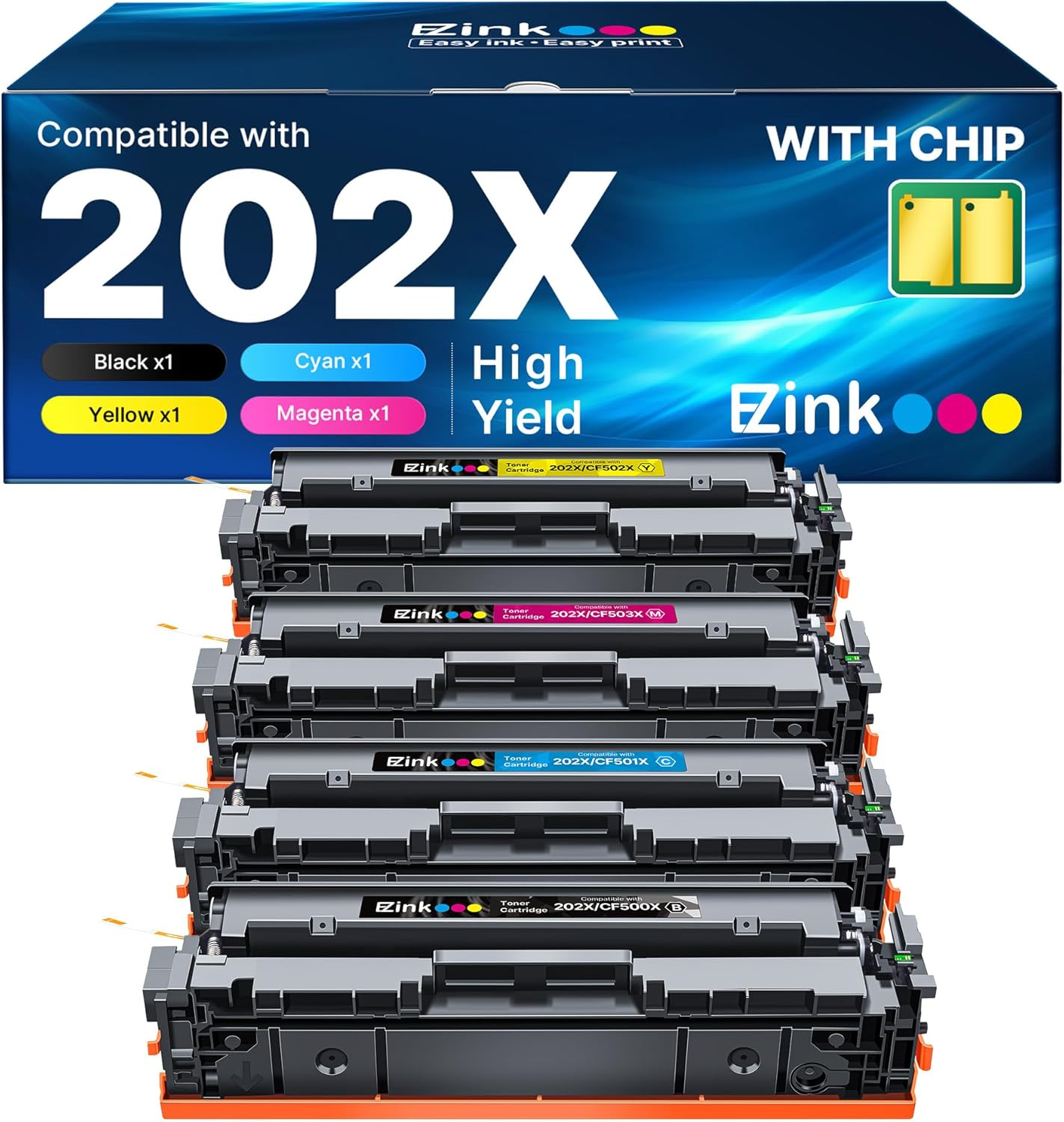 E-Z Ink Compatible 202X Toner Cartridge Replacement for HP 202X 202A CF500X CF500A with Chip to Use with HP Color Pro MFP M281Fdw M281Cdw M281Fdn M254Dw M254 M281 (Black Cyan Yellow Magenta, 4-Pack)