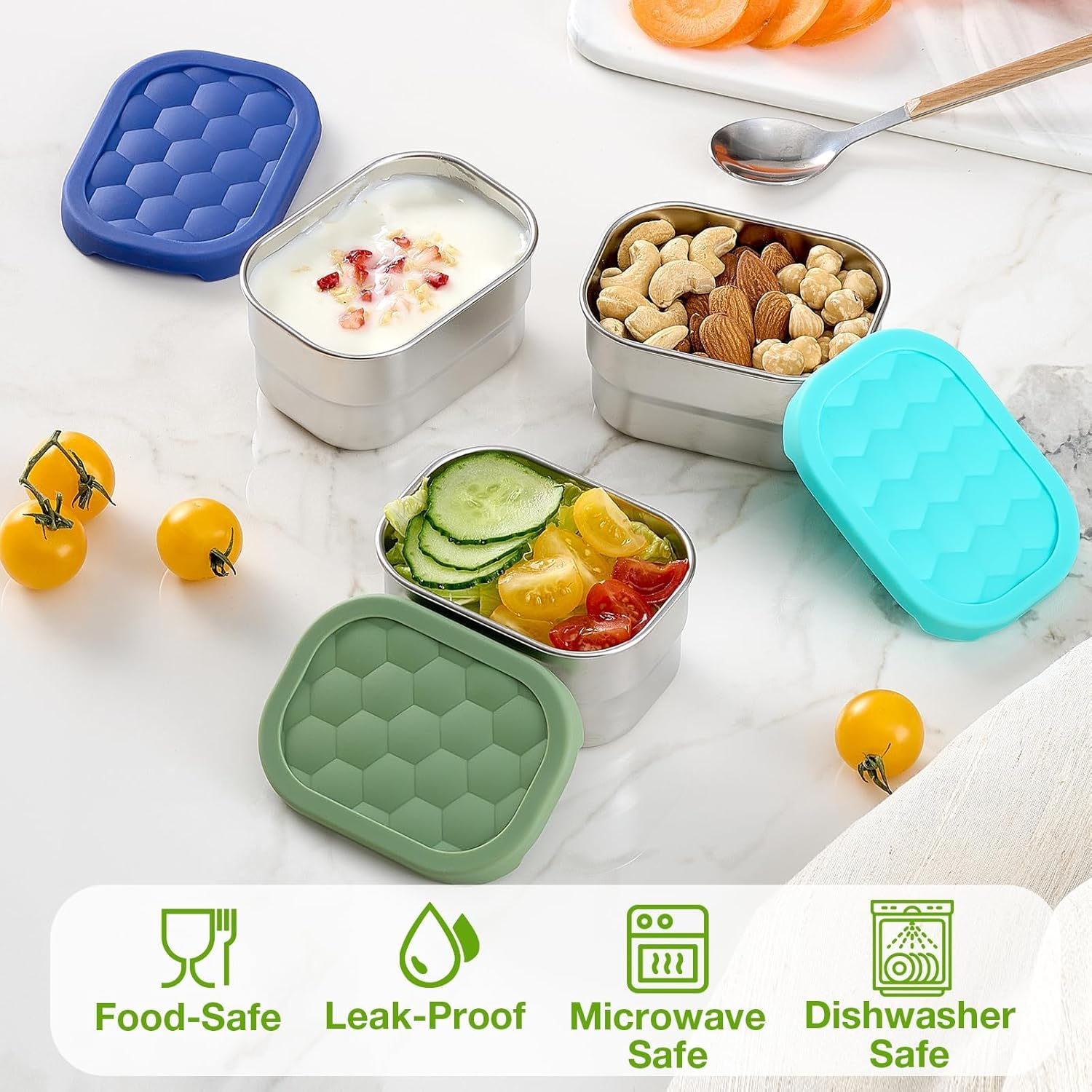Stainless Steel Snack Container, 6Pcs 8Oz, for Kid Easy Open Leak Proof, Stackable Rectangle Food Storage Container with Silicone Lid, Portable Snack Box for School Office Travel Camping (Green-6Pcs) - Green-6Pcs image number 2