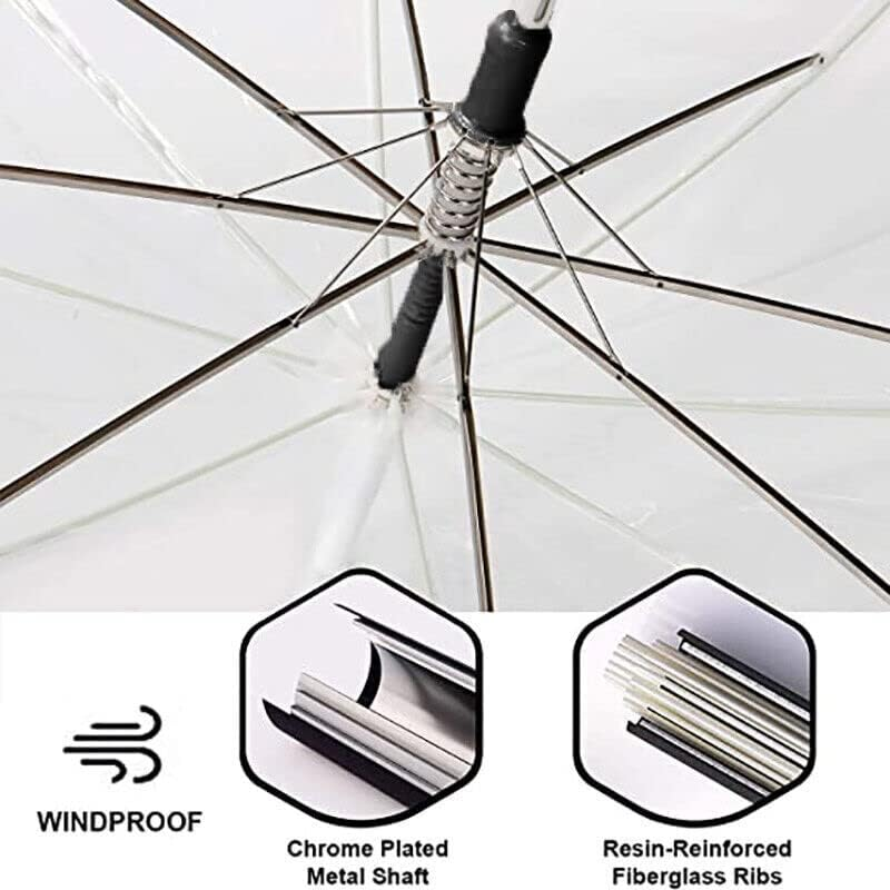 AIMALL Clear PVC 71Cm Long Umbrella, Transparent Wedding Parasol, See Through, Rain Protection, White Handle, Black Frame image number 3