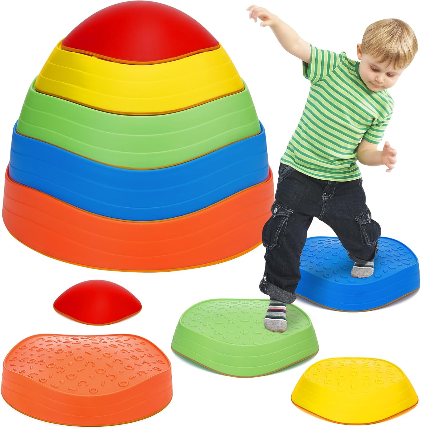 5 Pieces Stepping Stones for Kids, Non-Slip Plastic Rubber Balance Stones for Kids Coordination Skills Sensory Toys Obstacle Course image number 3